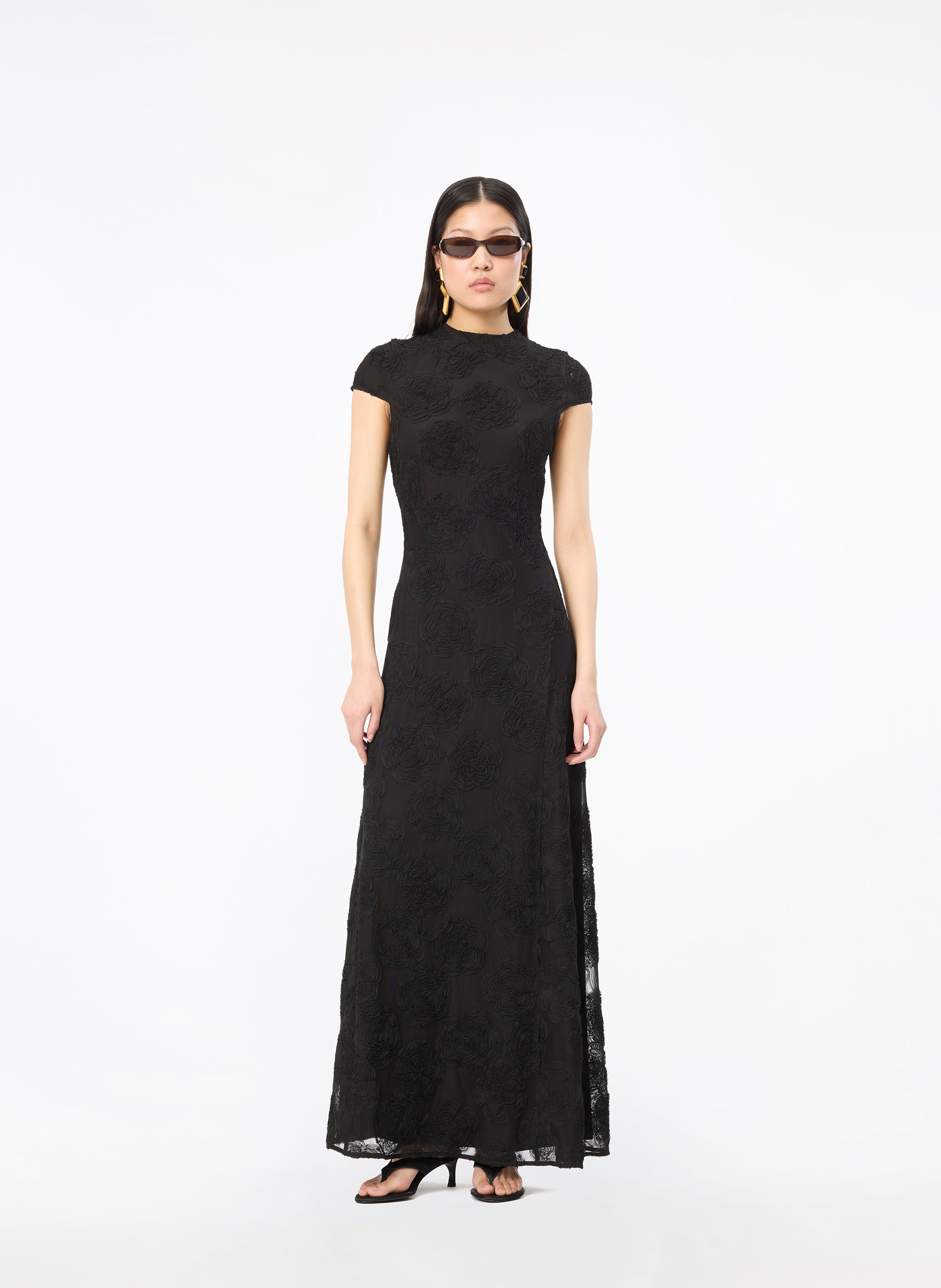 Long fitted floral dress ROTATE Black