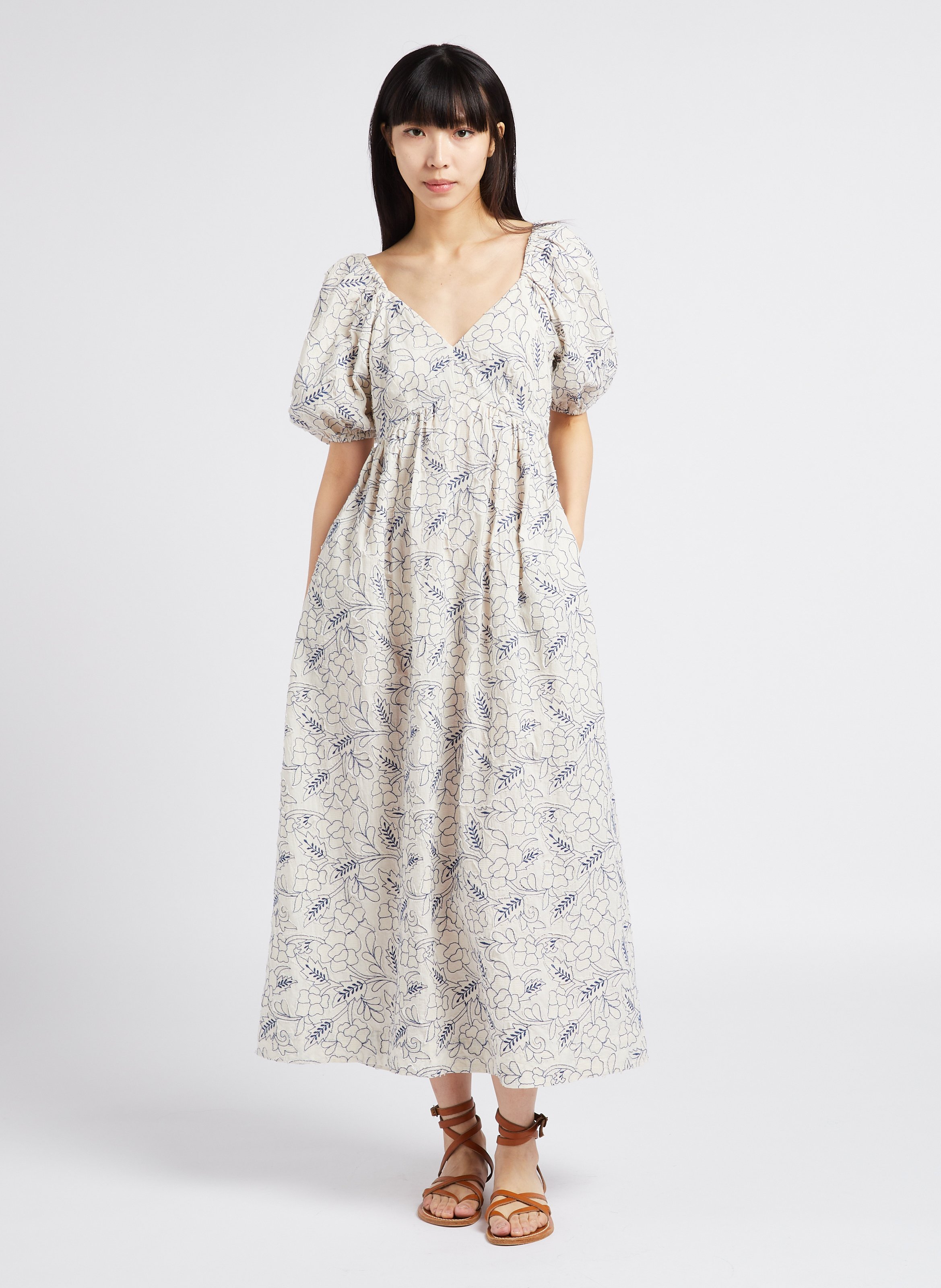 Robe longue col V brodée en coton PAUL AND JOE Blanc