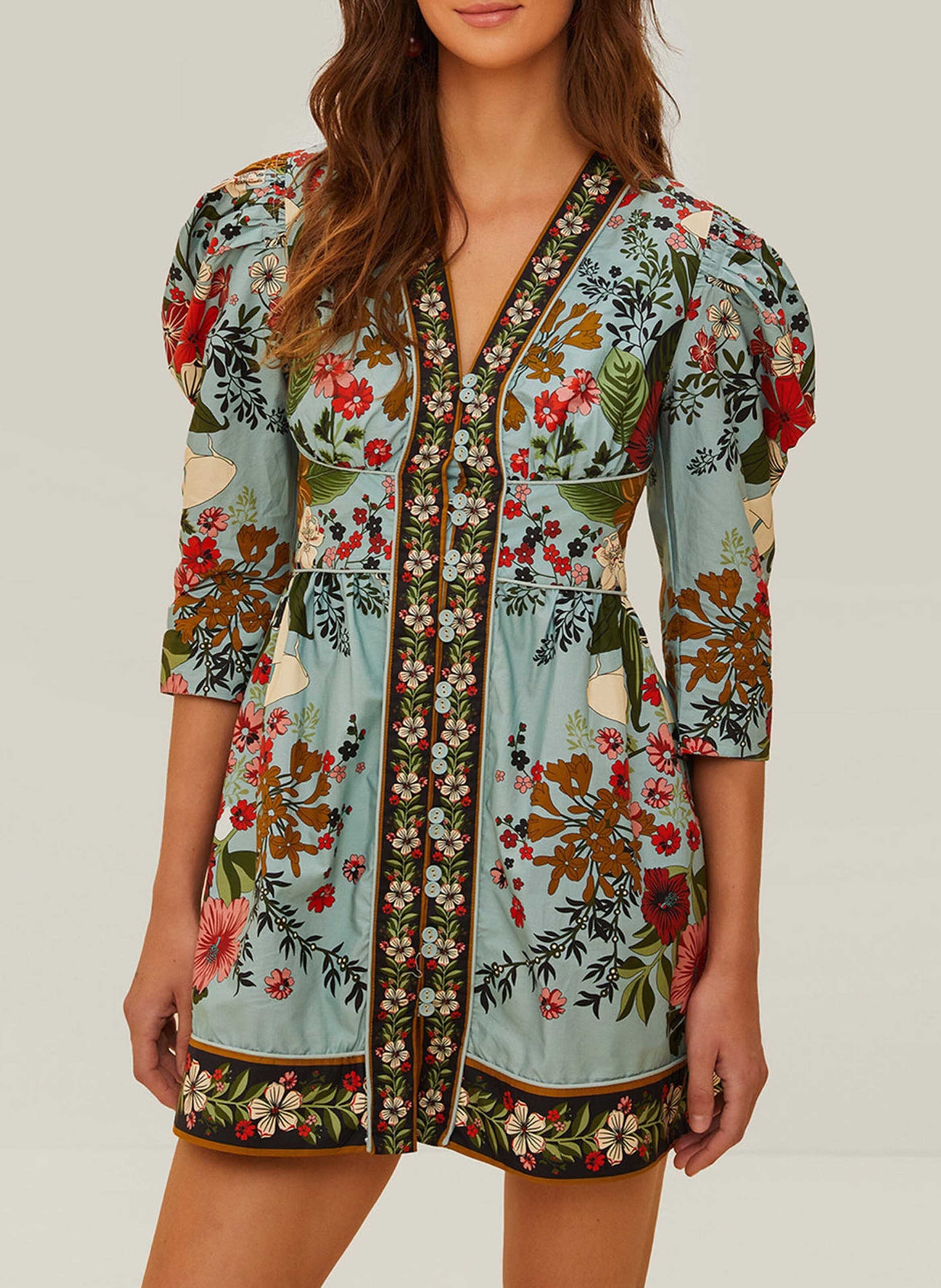 Korte jurk met V-hals en print FARM RIO Blue