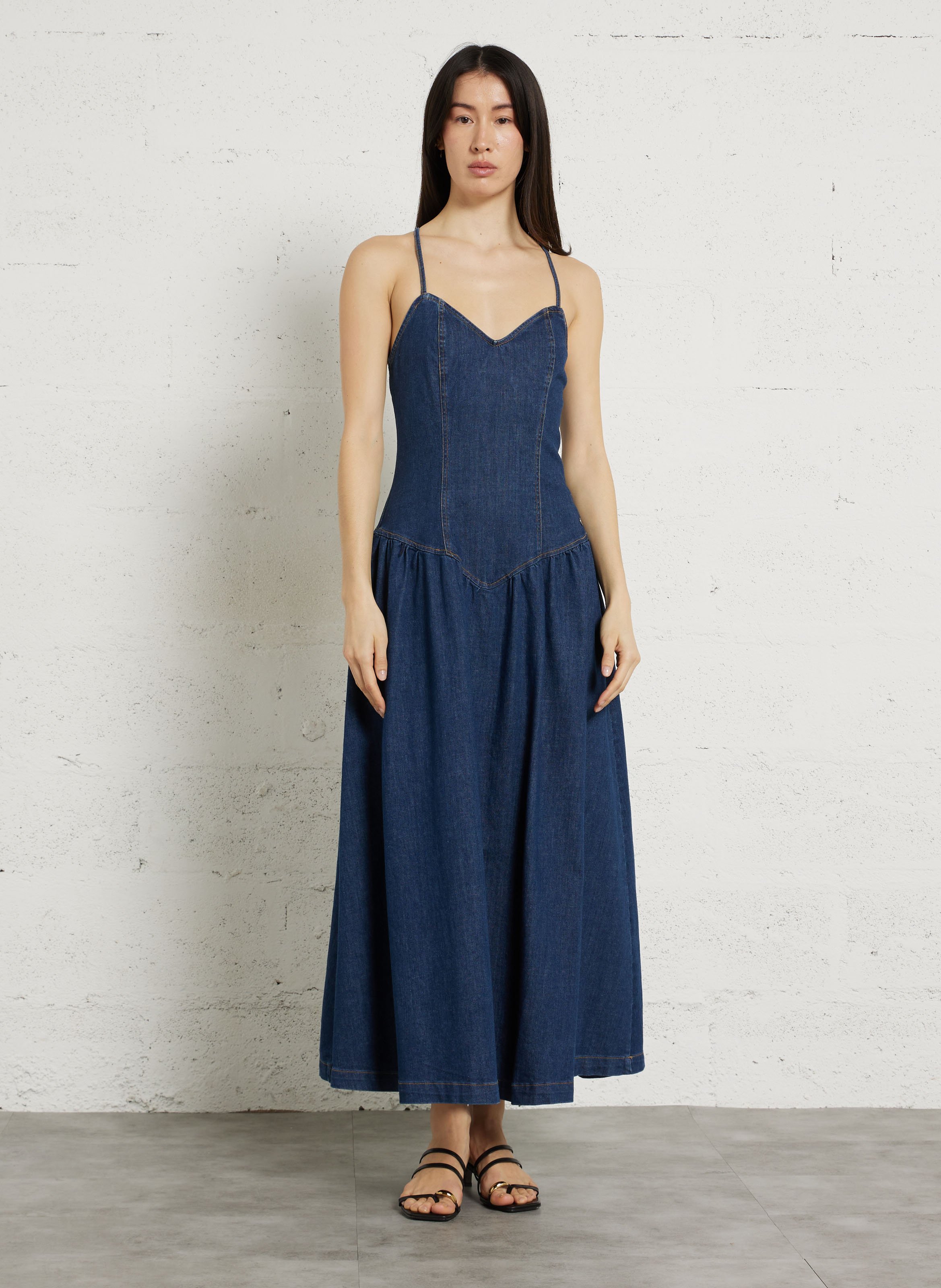 Langes Kleid aus Baumwoll-Mix mit V-Ausschnitt PLEASE Blau