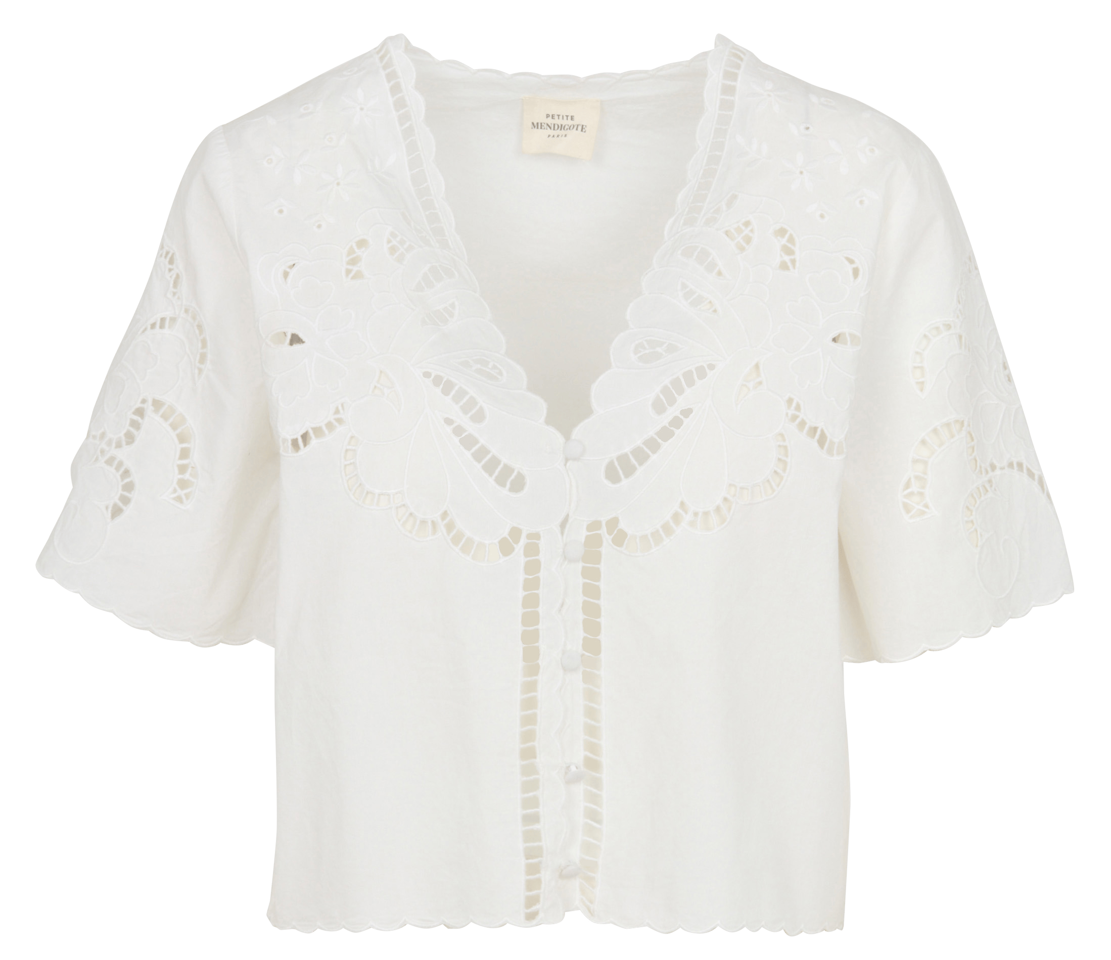 Top droit col V en coton brodé PETITE MENDIGOTE Beige