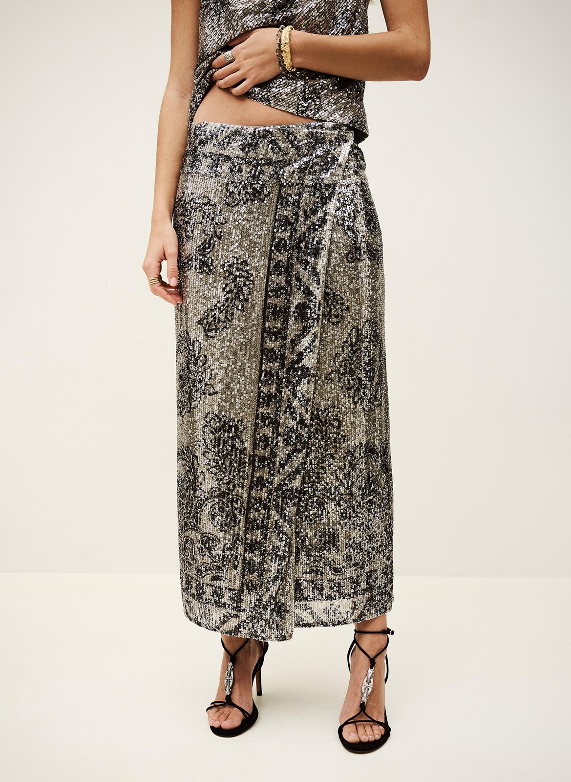 Lange wikkelrok met paillettenpatroon BA&SH Zwart