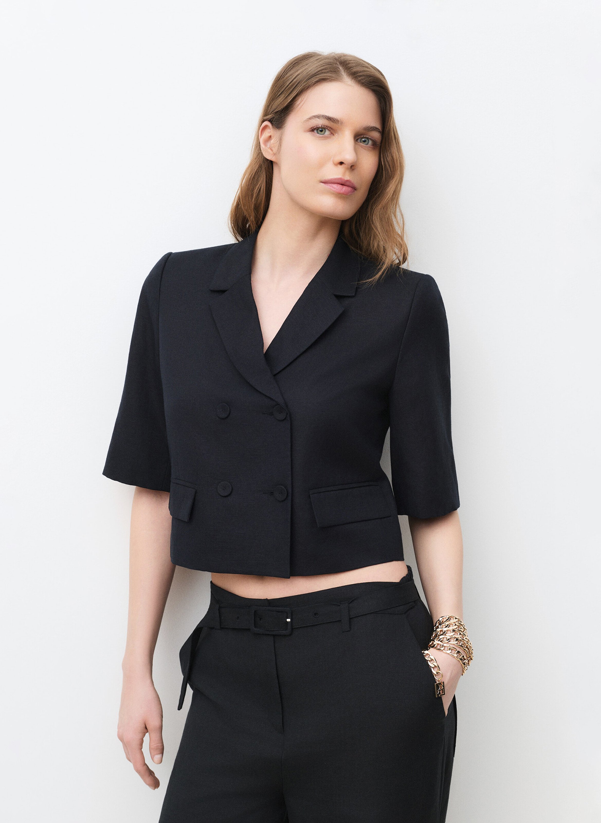 Veste col tailleur en lin mélangé CAROLL Noir