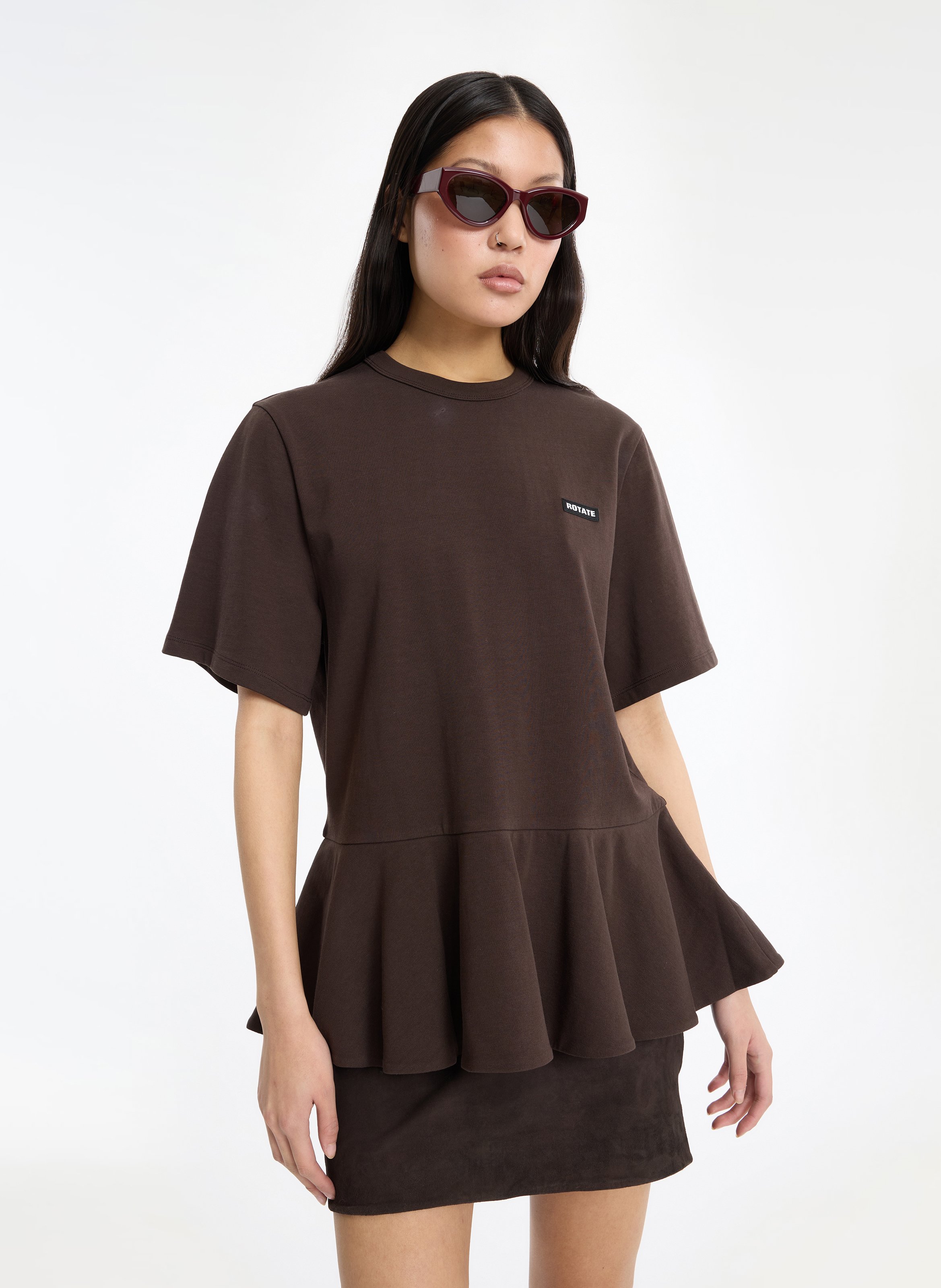 Tee-shirt ample à volants uni ROTATE Marron