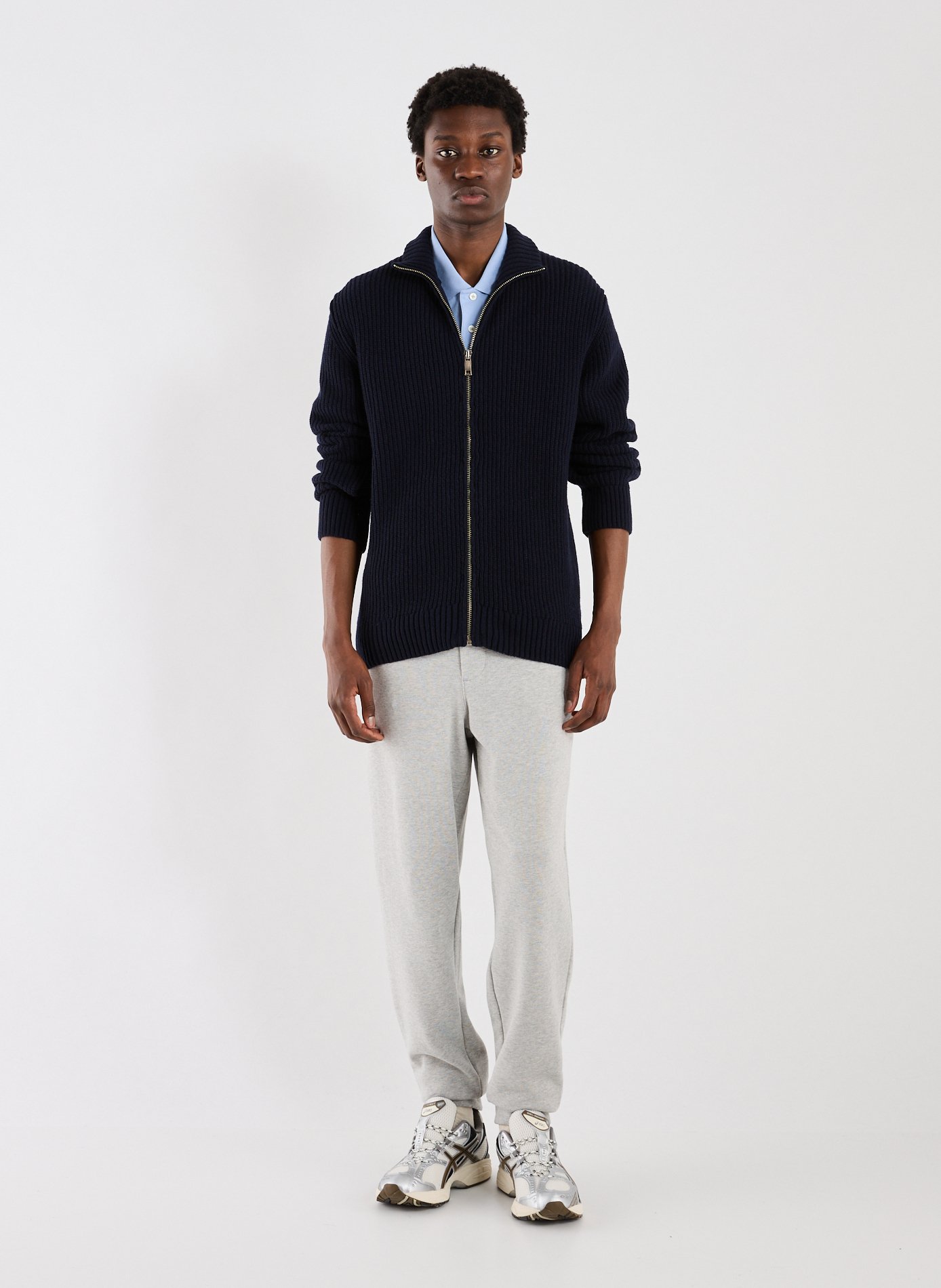 Wool blend high-neck gefil knit cardigan. | Blue AU PRINTEMPS PARIS Men