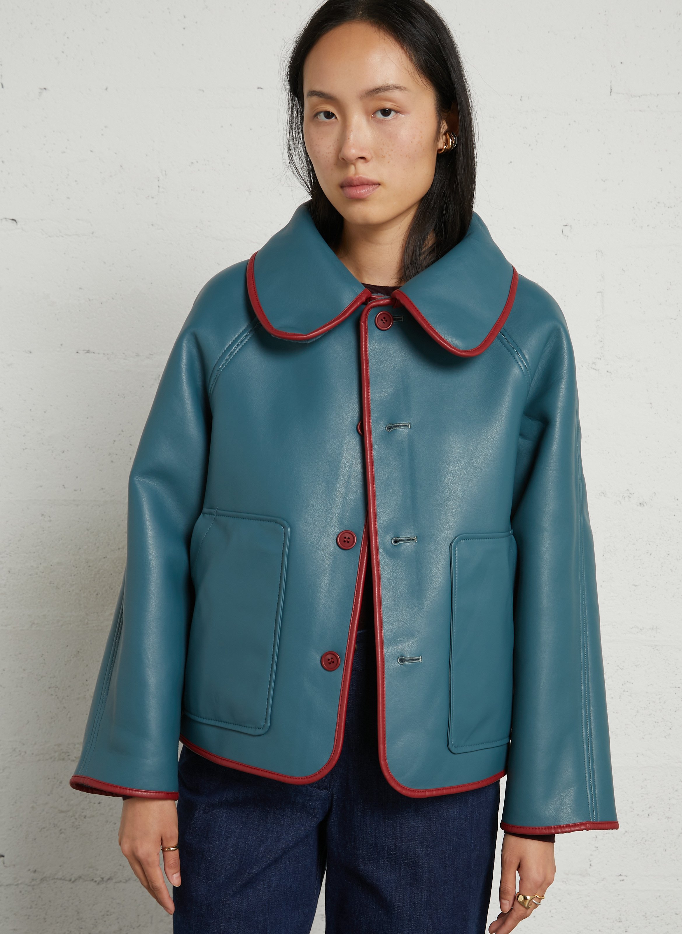 Straight jacket with Peter Pan collar in faux leather THE TINY BIG SISTER Blue