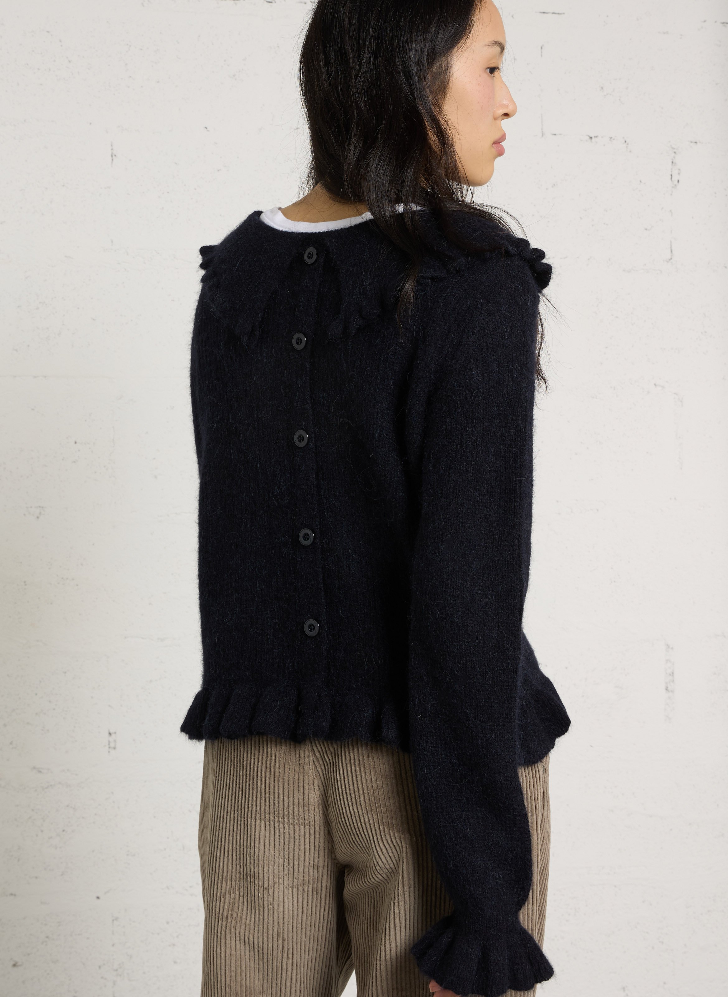 Ruffled collar jumper with a buttoned back in wool and silk DES PETITS HAUTS Blue