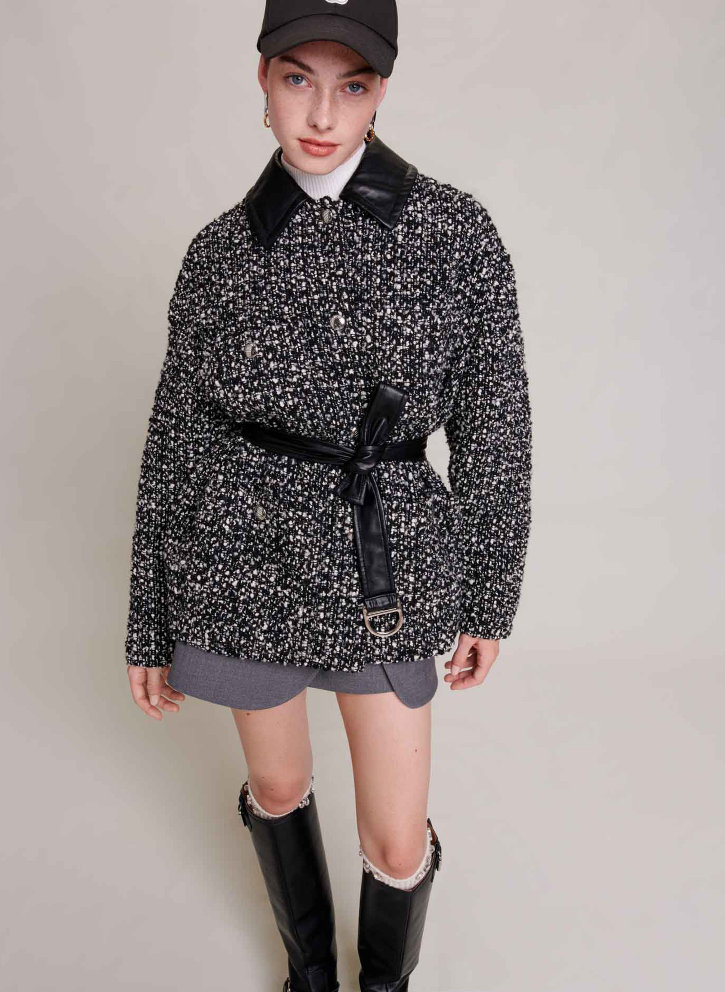 Short black outlet belted coat