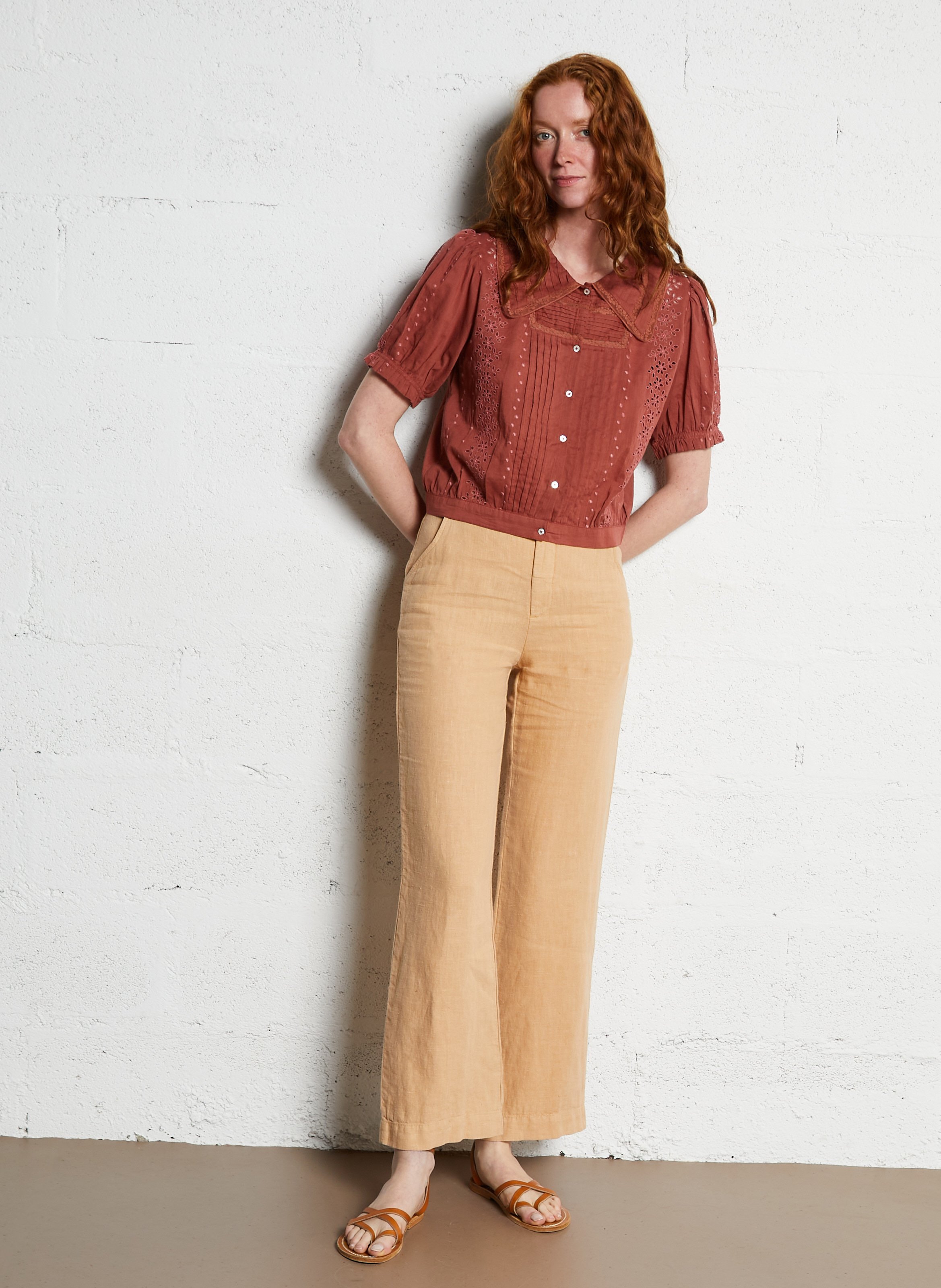 Pantalon droit en lin Beige