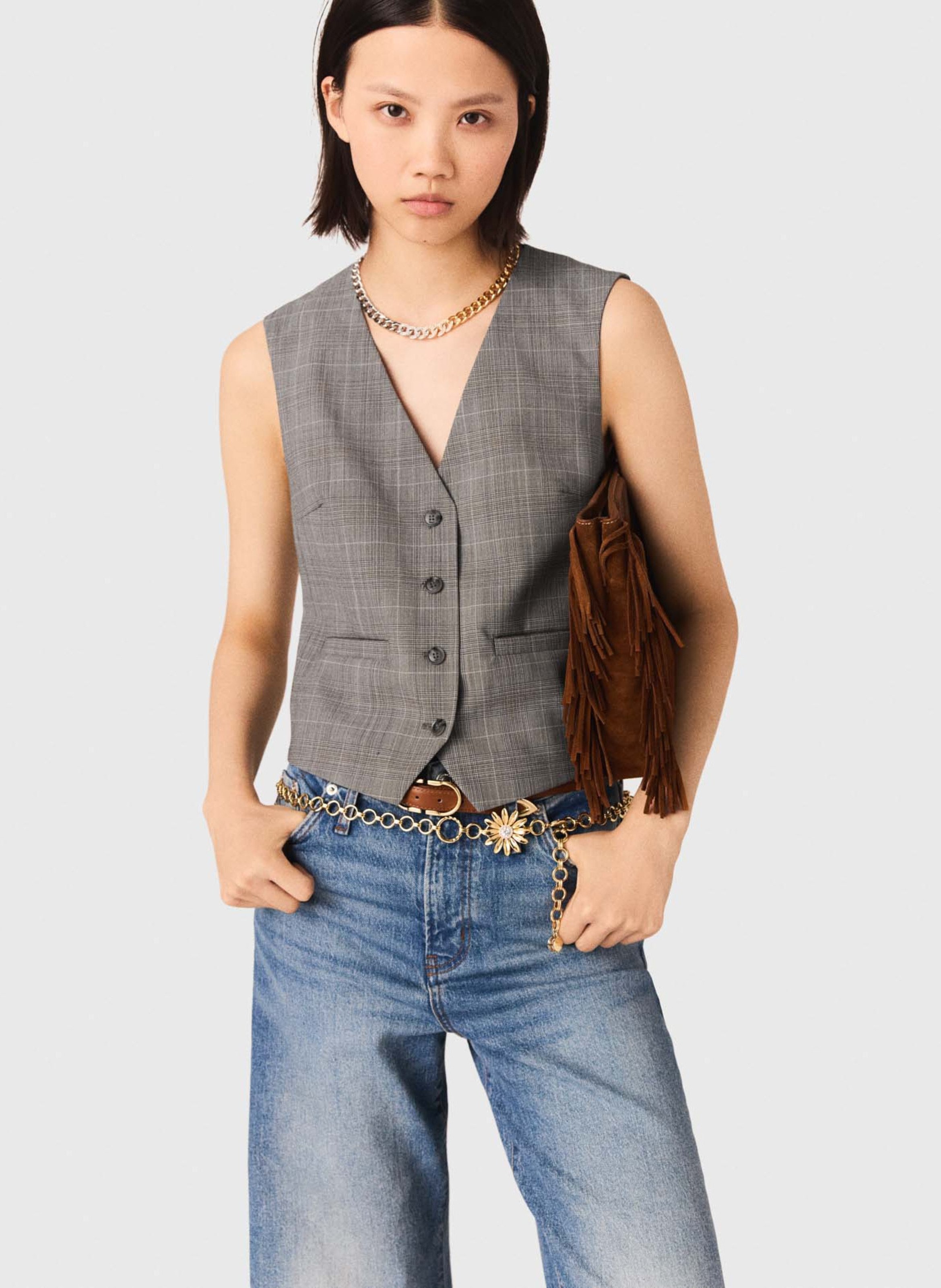 Gestreept vest van wol en kasjmier met V-hals MAJE Grijs