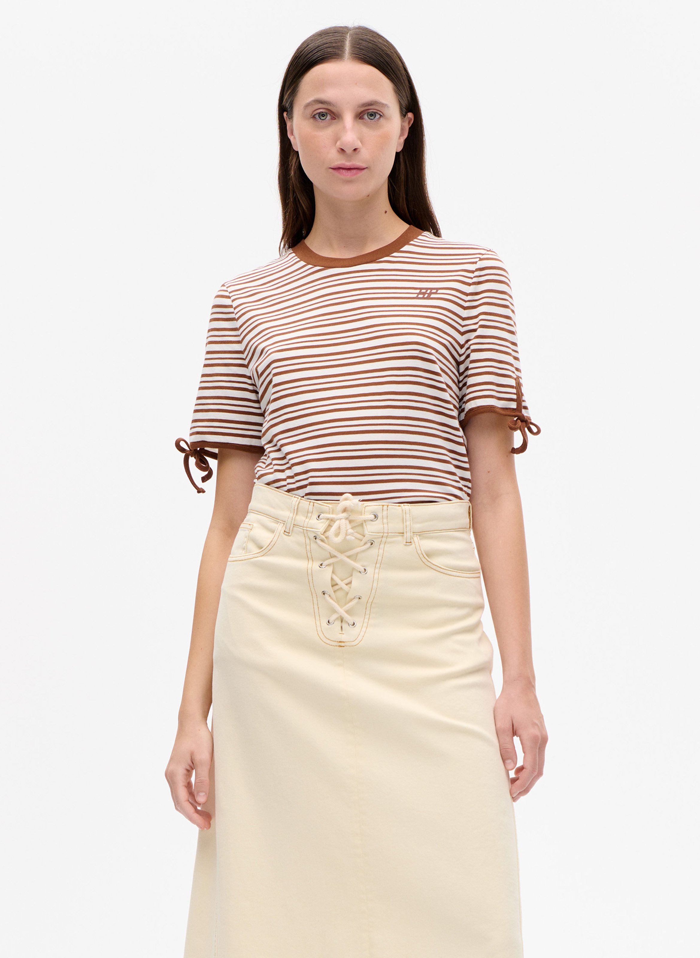 Straight round neck striped organic cotton T-shirt BAUM UND PFERDGARTEN Brown