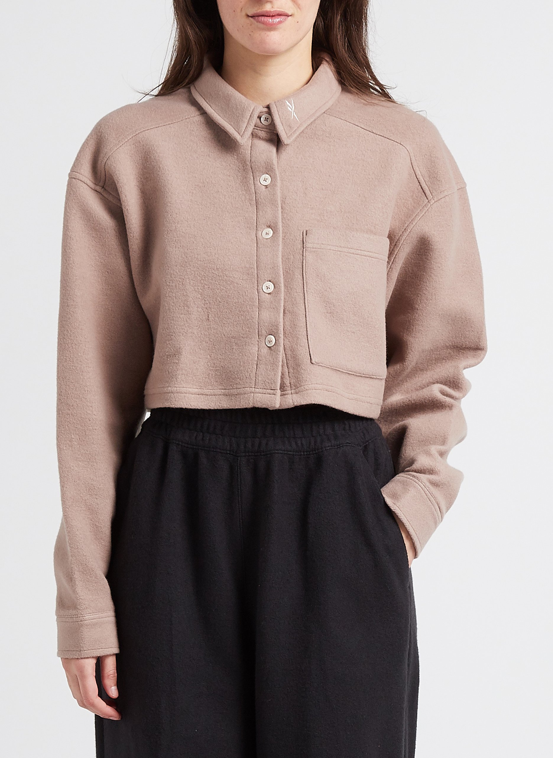 Cropped sweatshirt fabric cardigan with classic collar REEBOK Beige