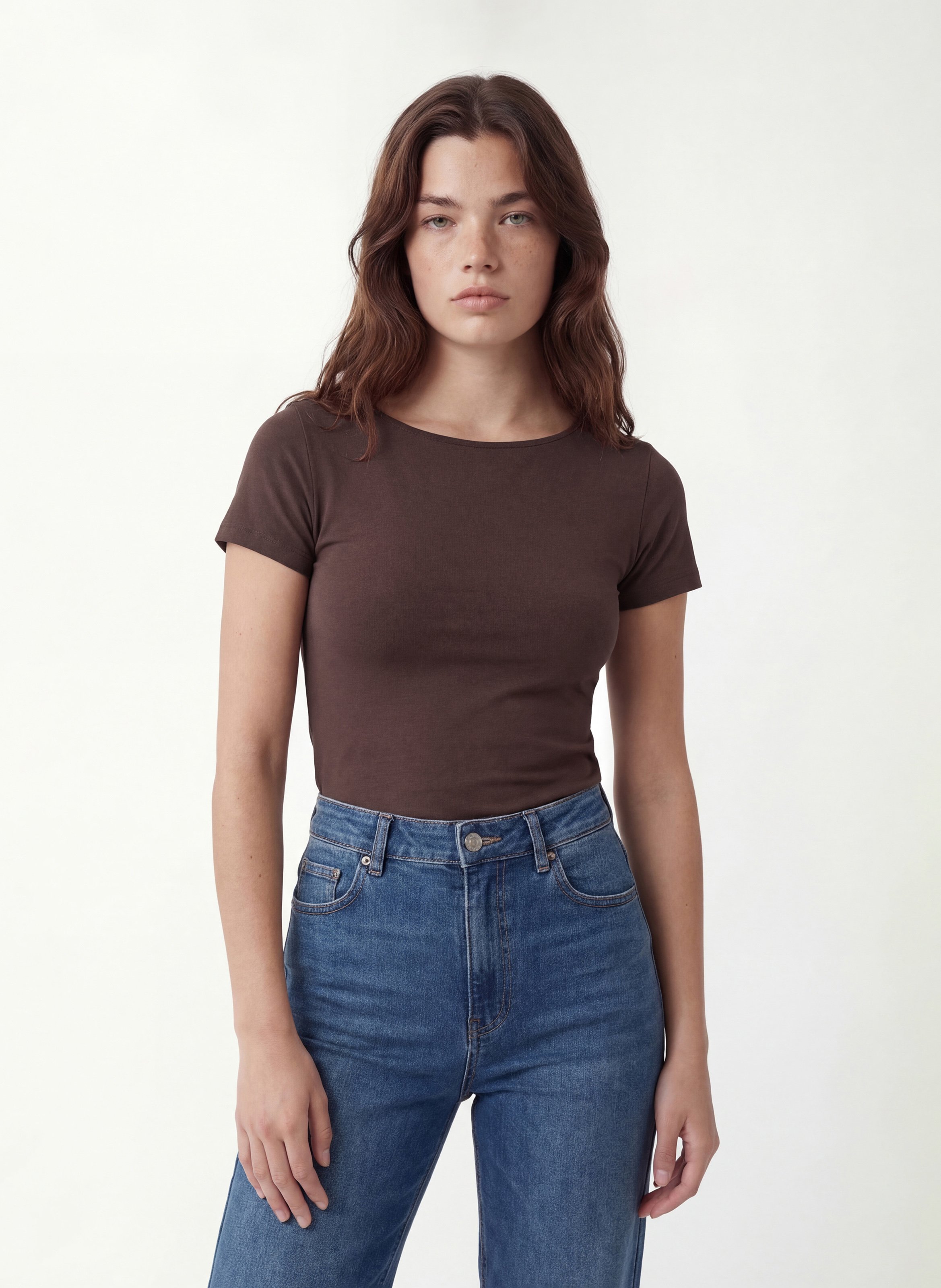 Tee-shirt moulant col bateau en coton mélangé KOOKAI Marron