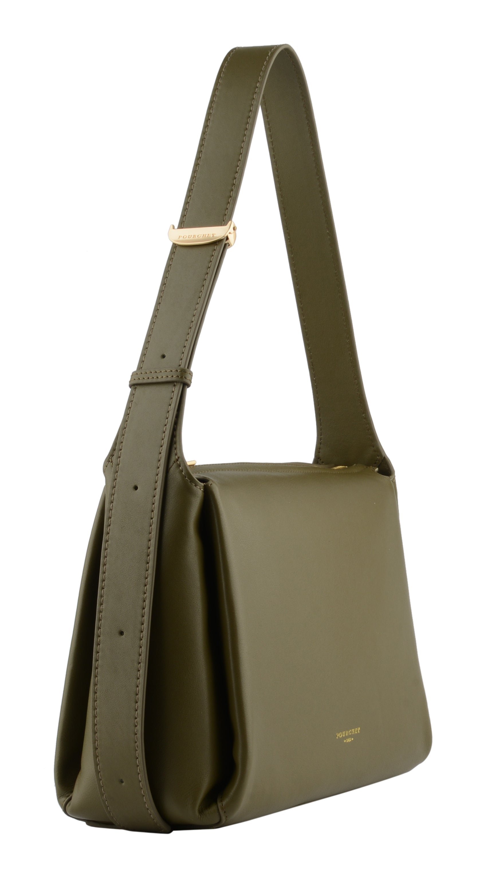 Sac porté épaule en cuir de vachette POURCHET Kaki