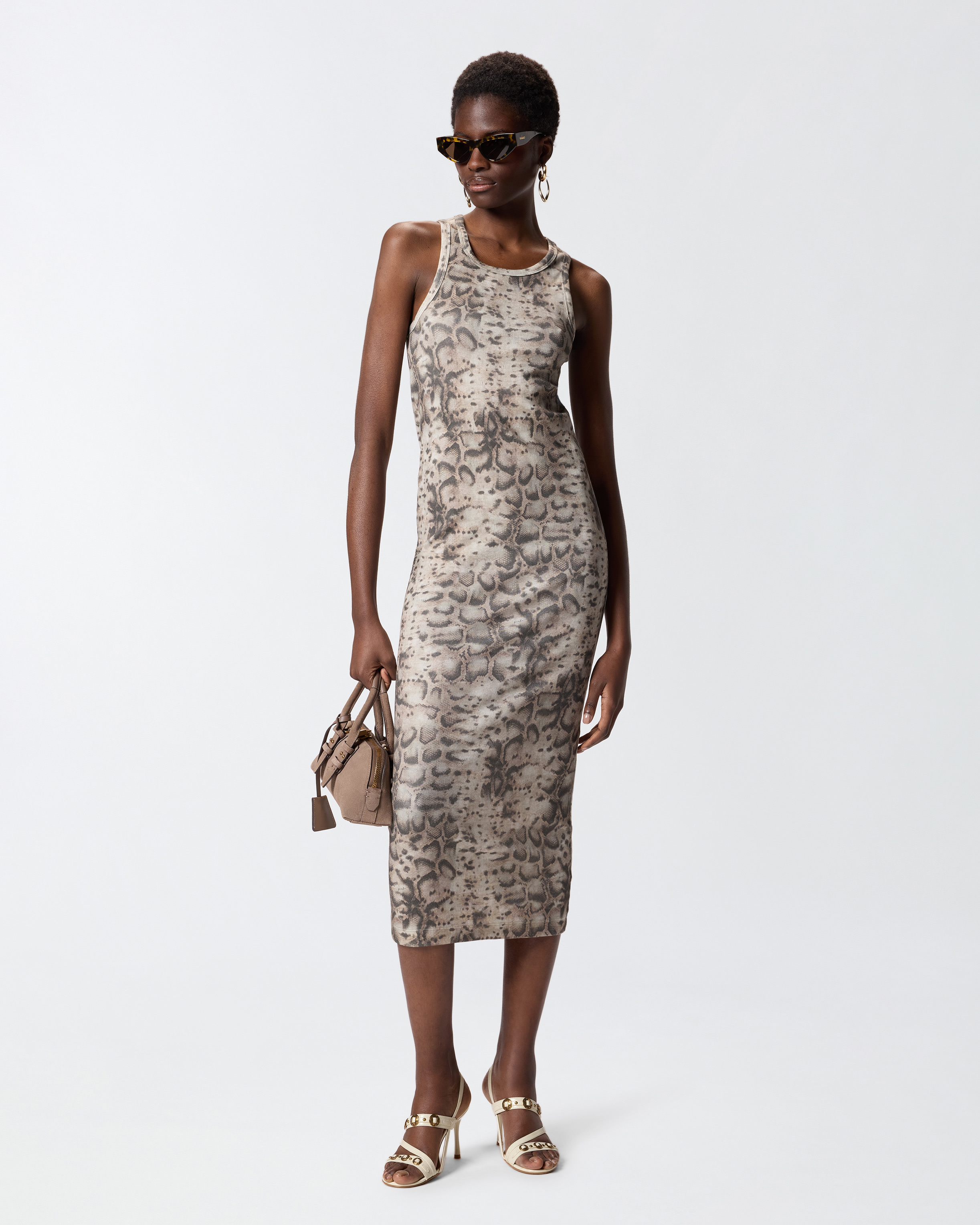 Robe midi côtelée ajustée à imprimé serpent PINKO Multicolore