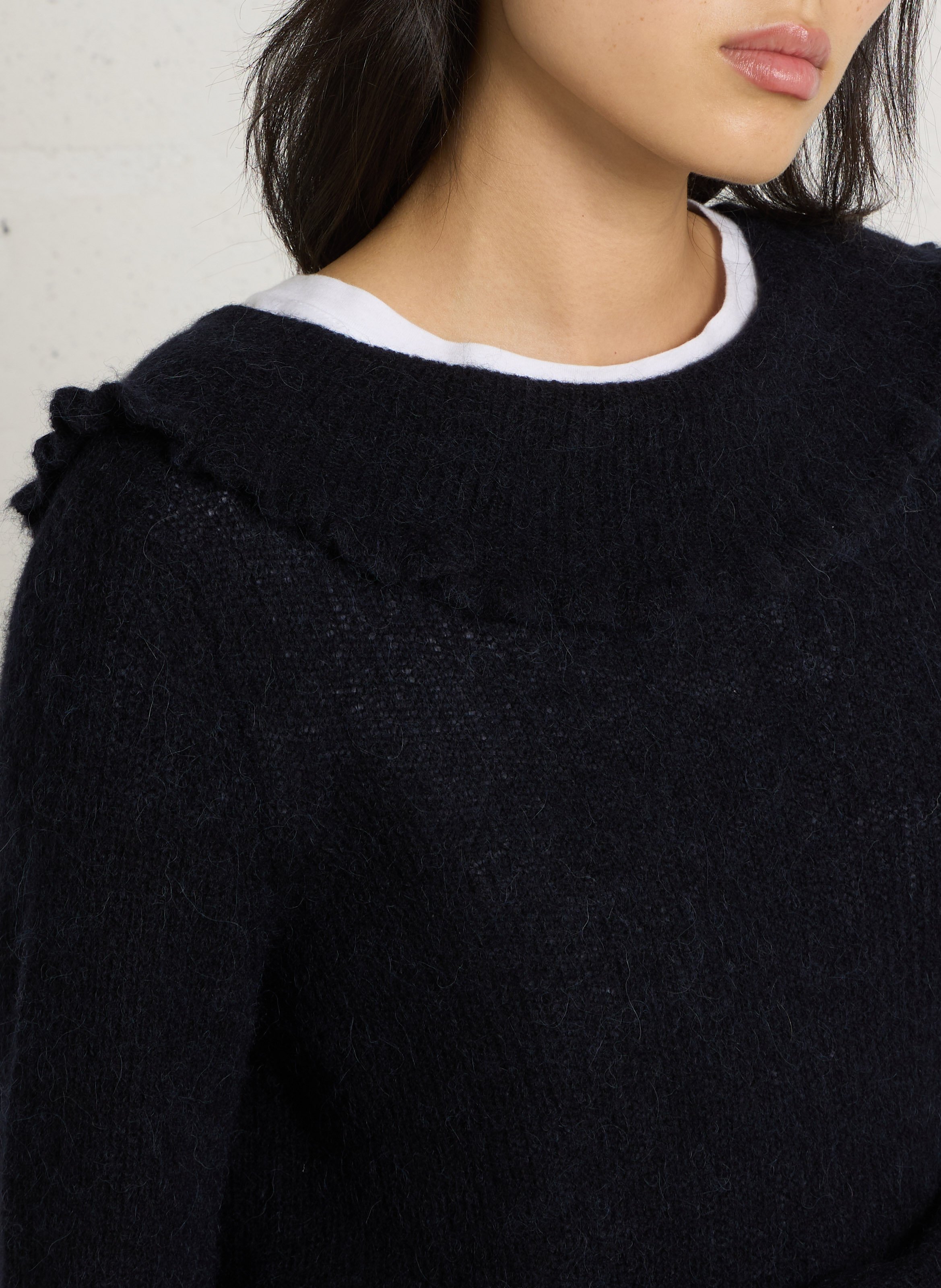 Ruffled collar jumper with a buttoned back in wool and silk DES PETITS HAUTS Blue