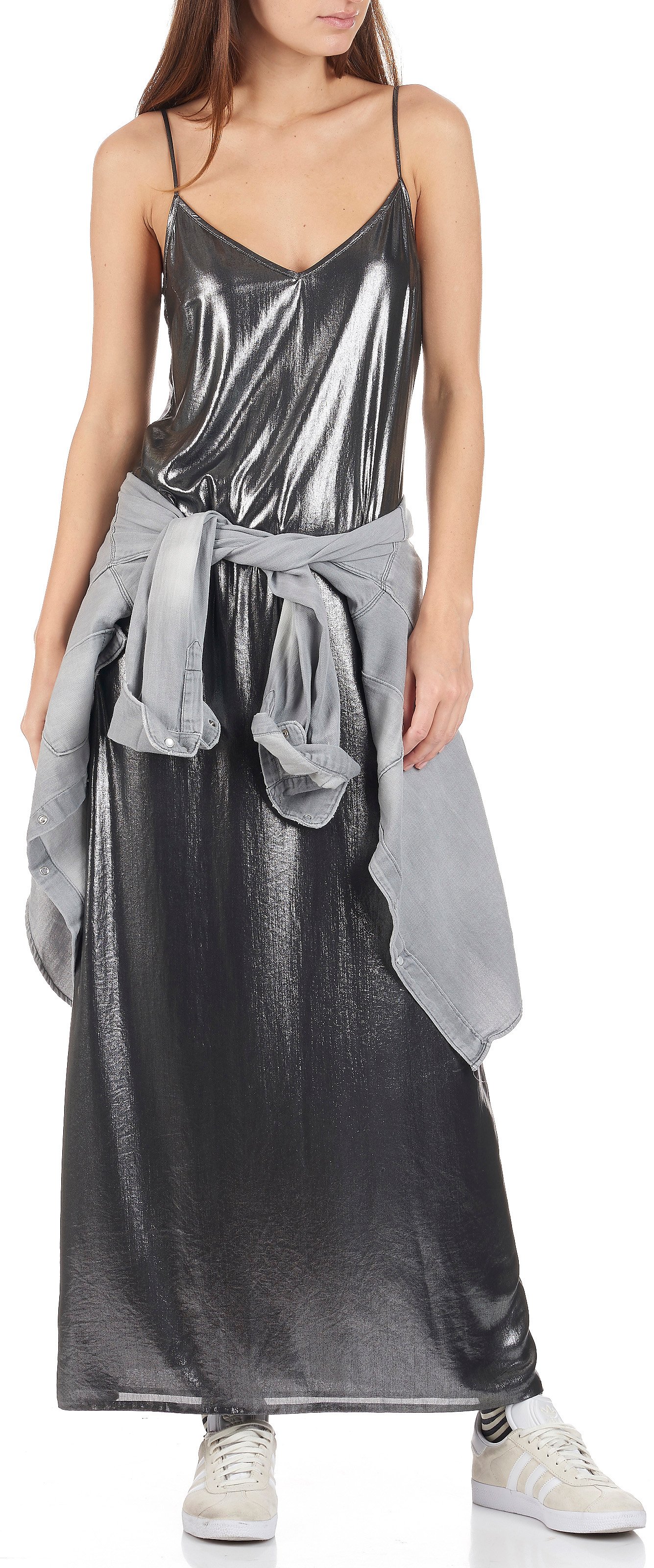 Robe longue fluide en lamé Qarelli SWILDENS Argent