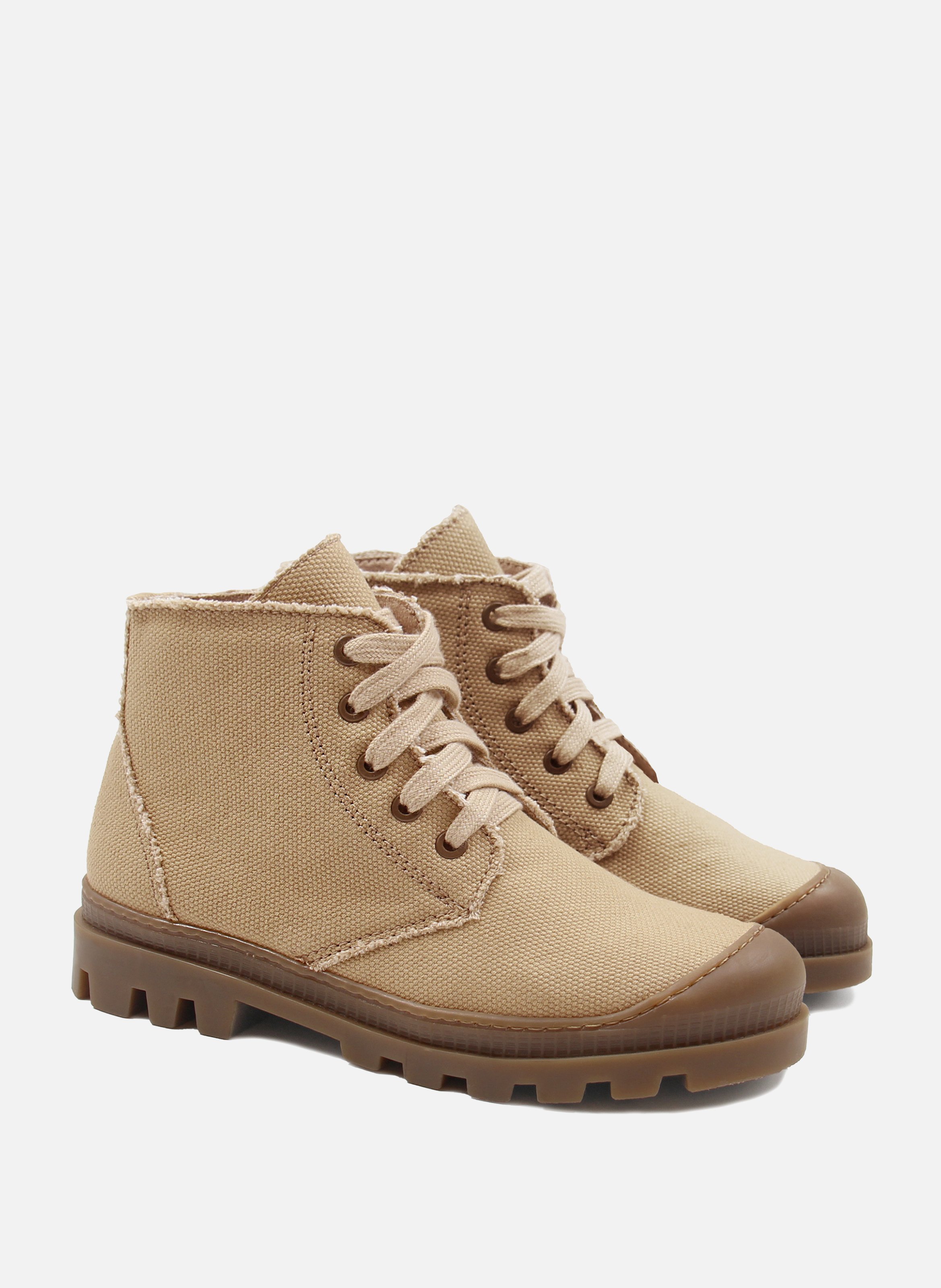 Lace-up recycled cotton canvas mid-calf boots with lugged sole JULES & JENN Brown