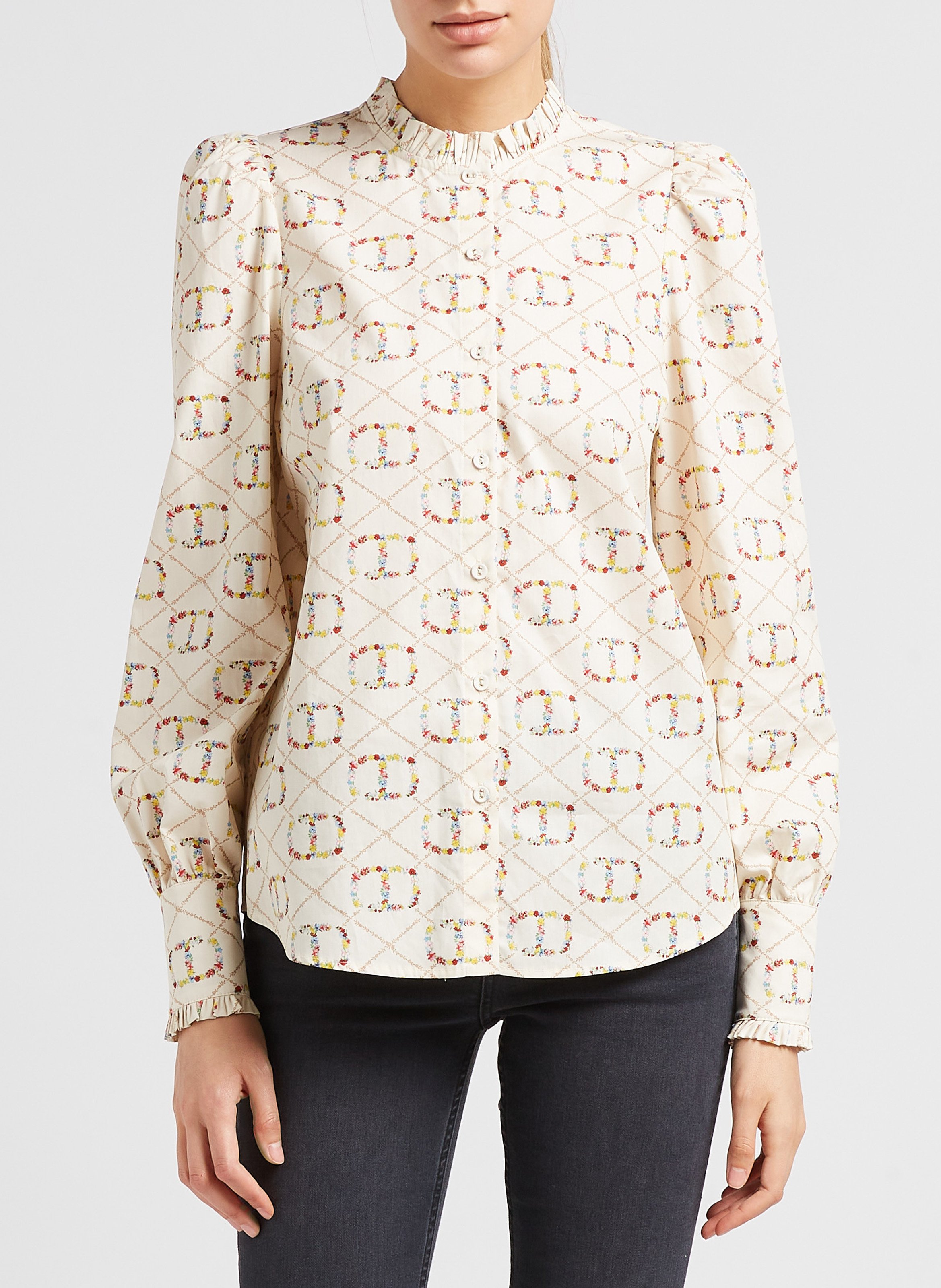 Round-neck printed cotton shirt TWINSET Beige