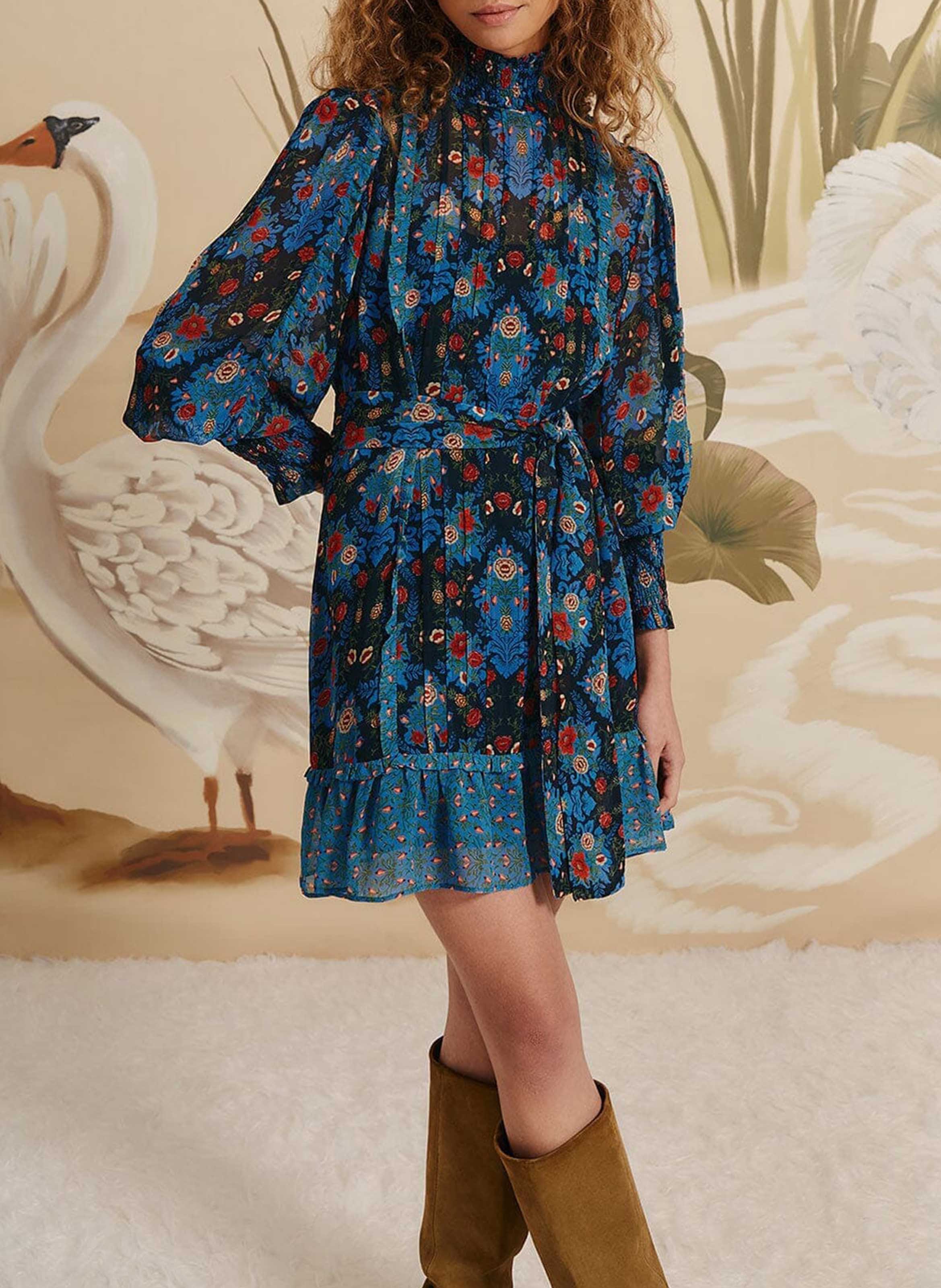 Kurzkleid mit Rundhalsausschnitt und Blumenprint FARM RIO Blau