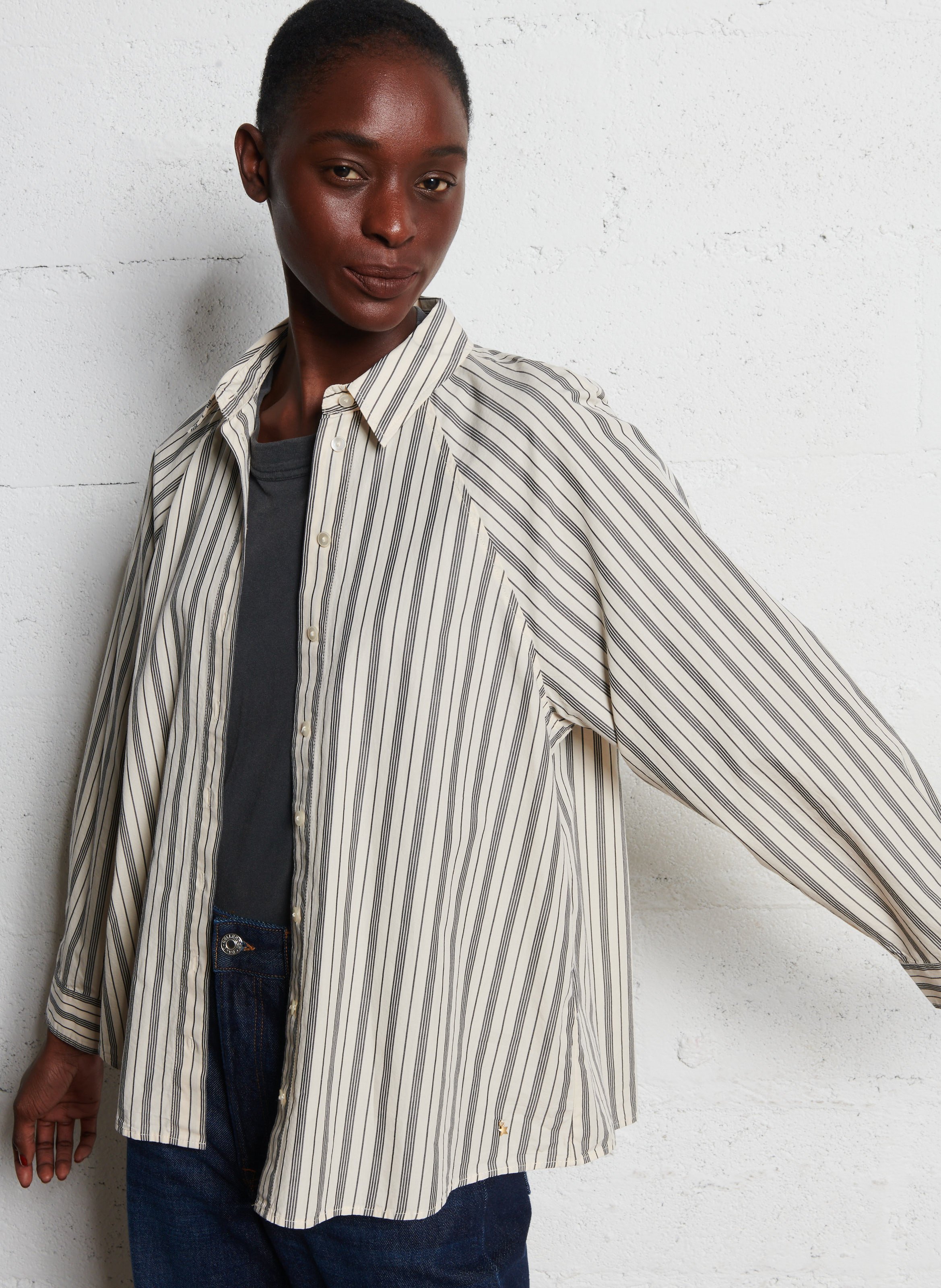 Oversized striped cotton shirt DES PETITS HAUTS Beige