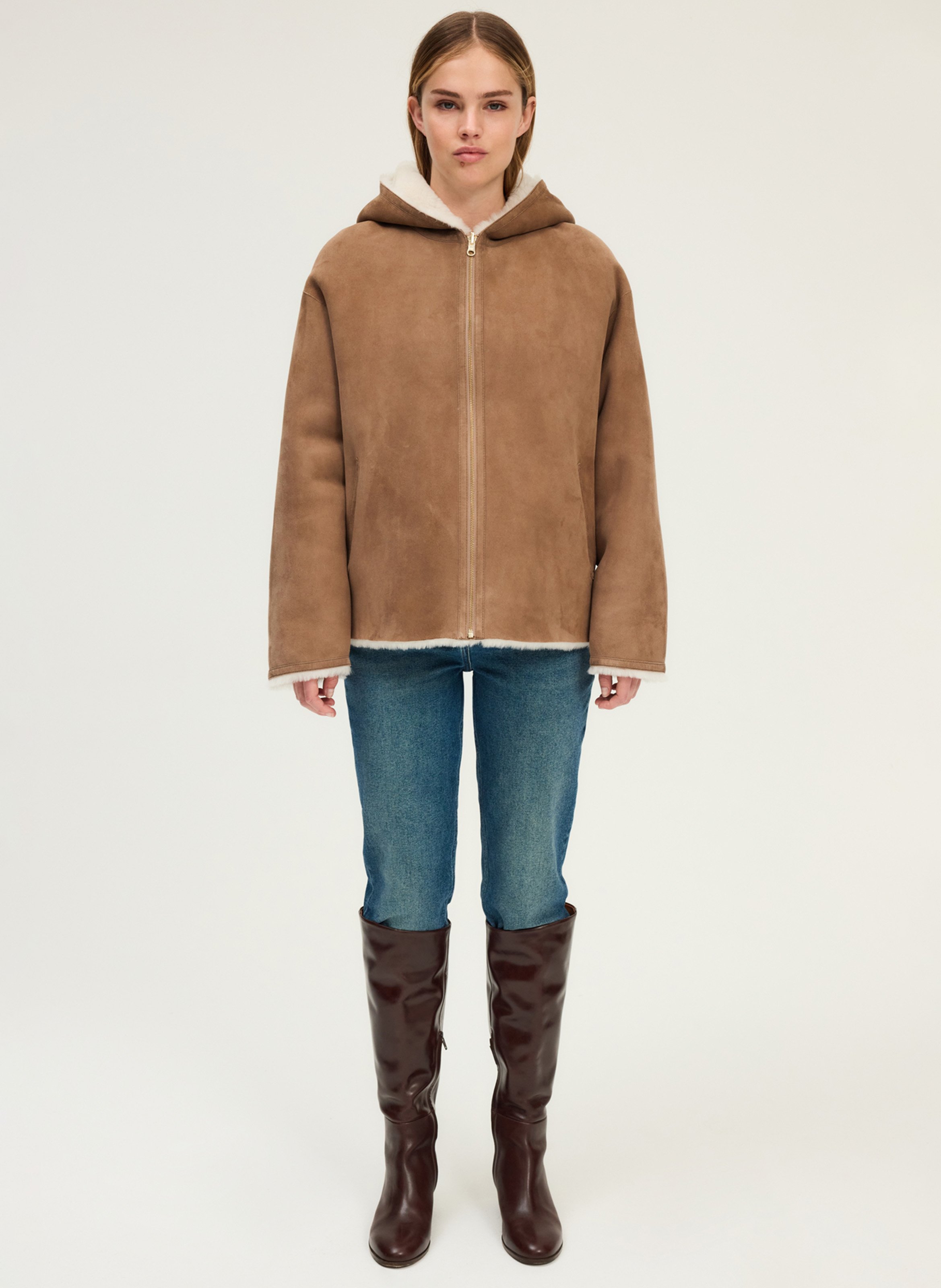 Hooded leather jacket Beige