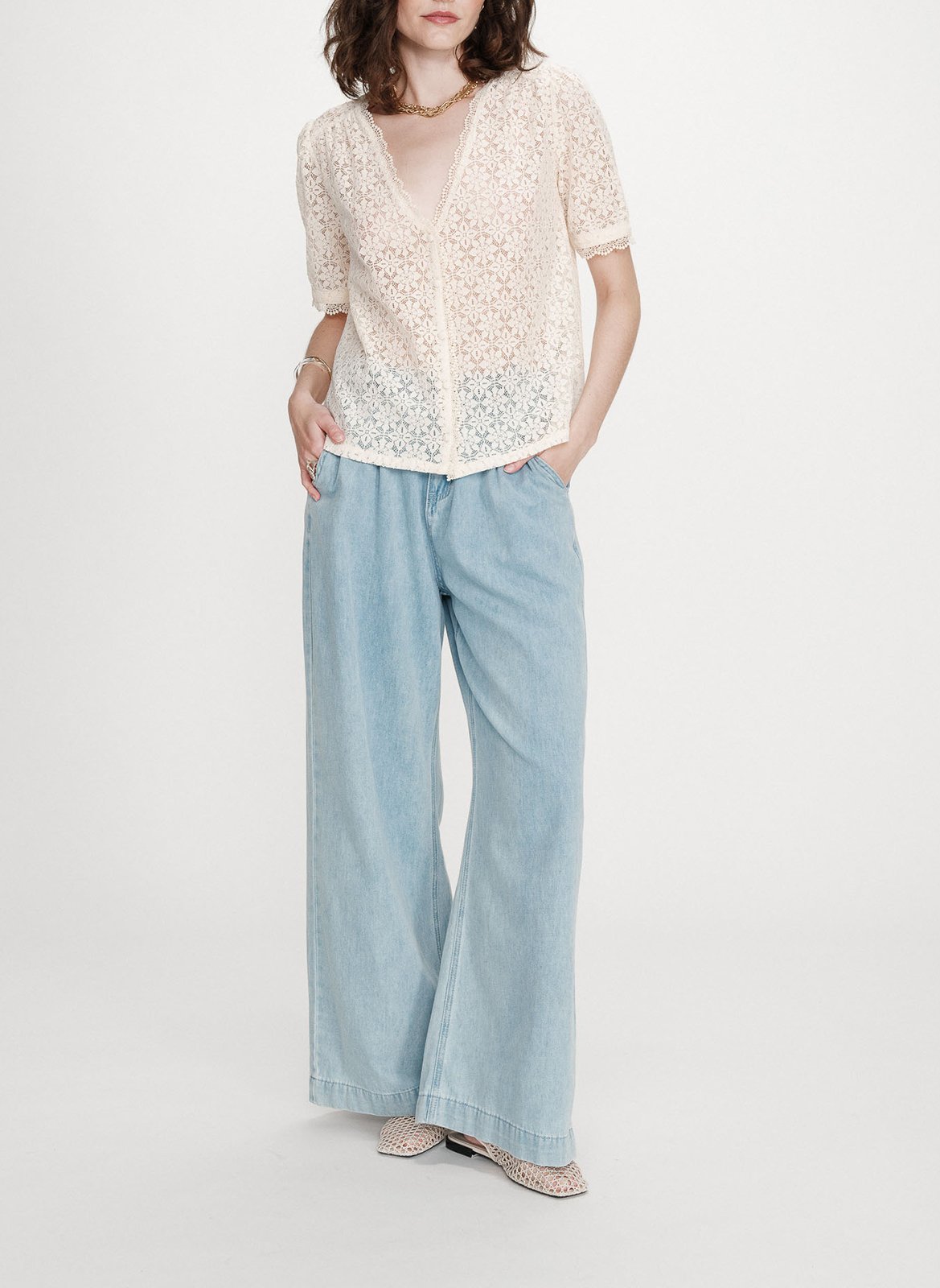 Top met V-hals en knopen van kant GRACE ET MILA Bruin