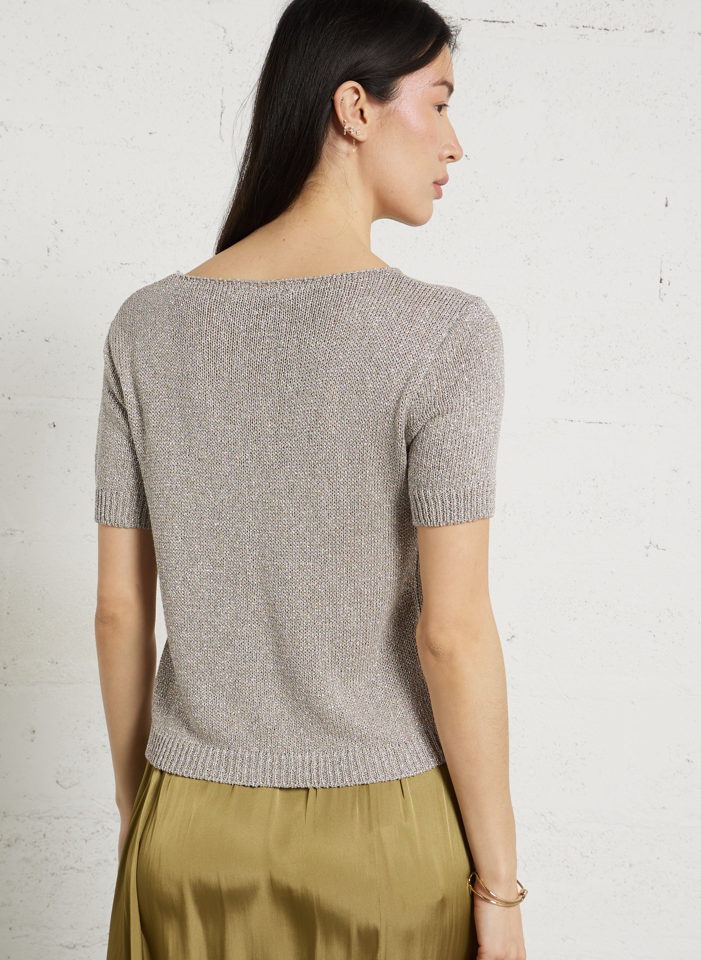 Straight fit round neck metallic top PLEASE Silver