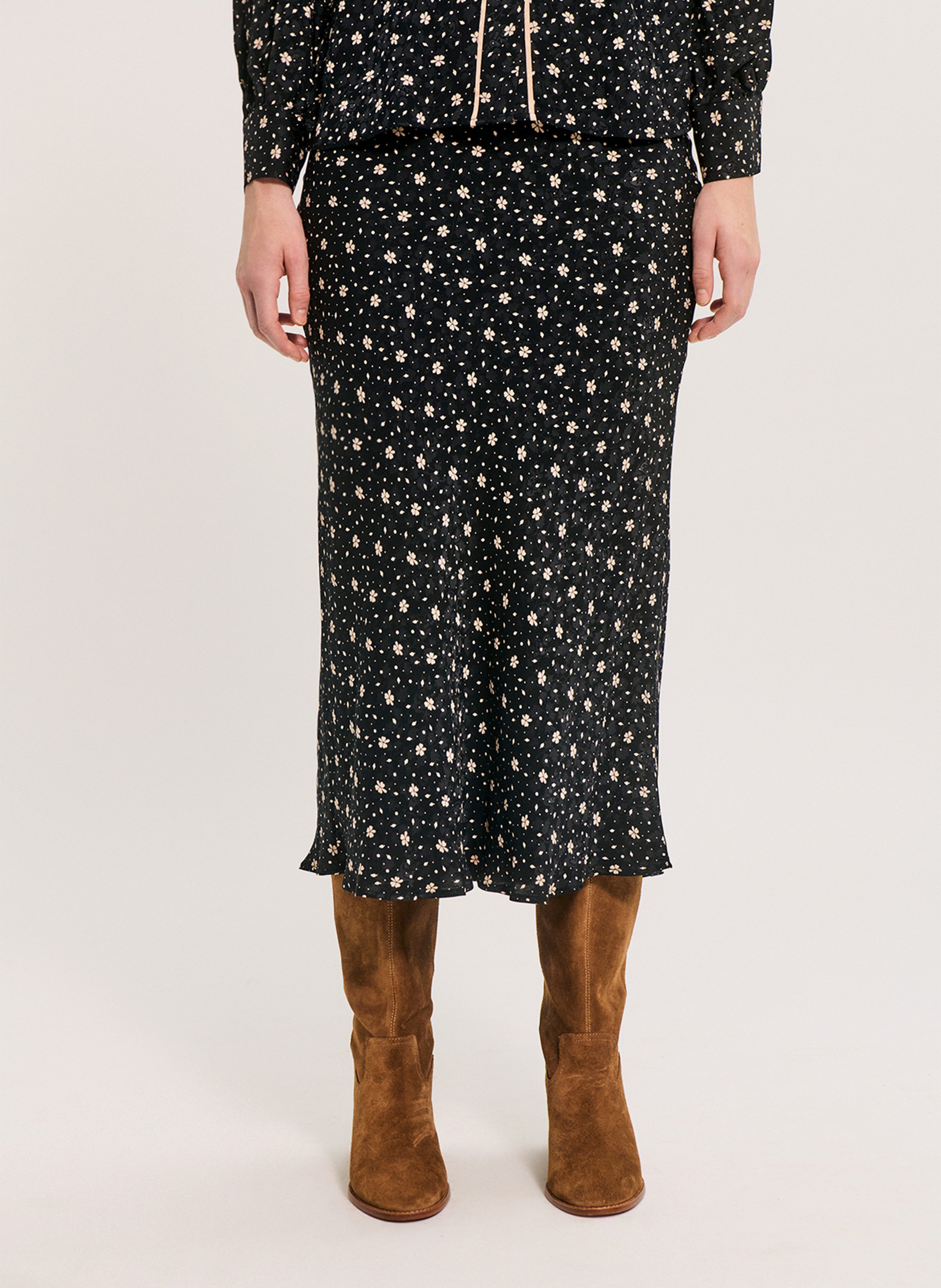 Jupe midi droit motif fleuri PABLO Noir