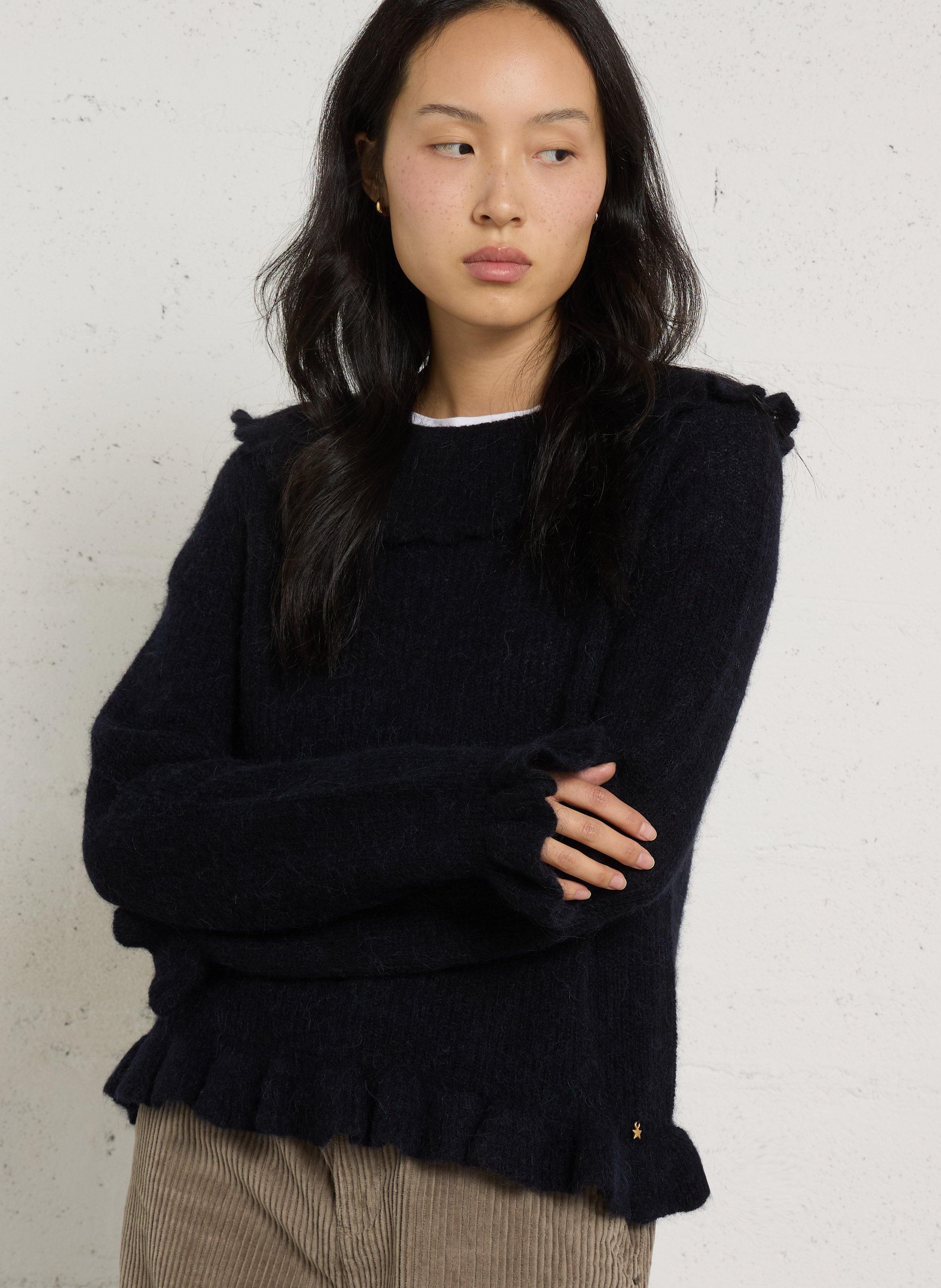 Ruffled collar jumper with a buttoned back in wool and silk DES PETITS HAUTS Blue