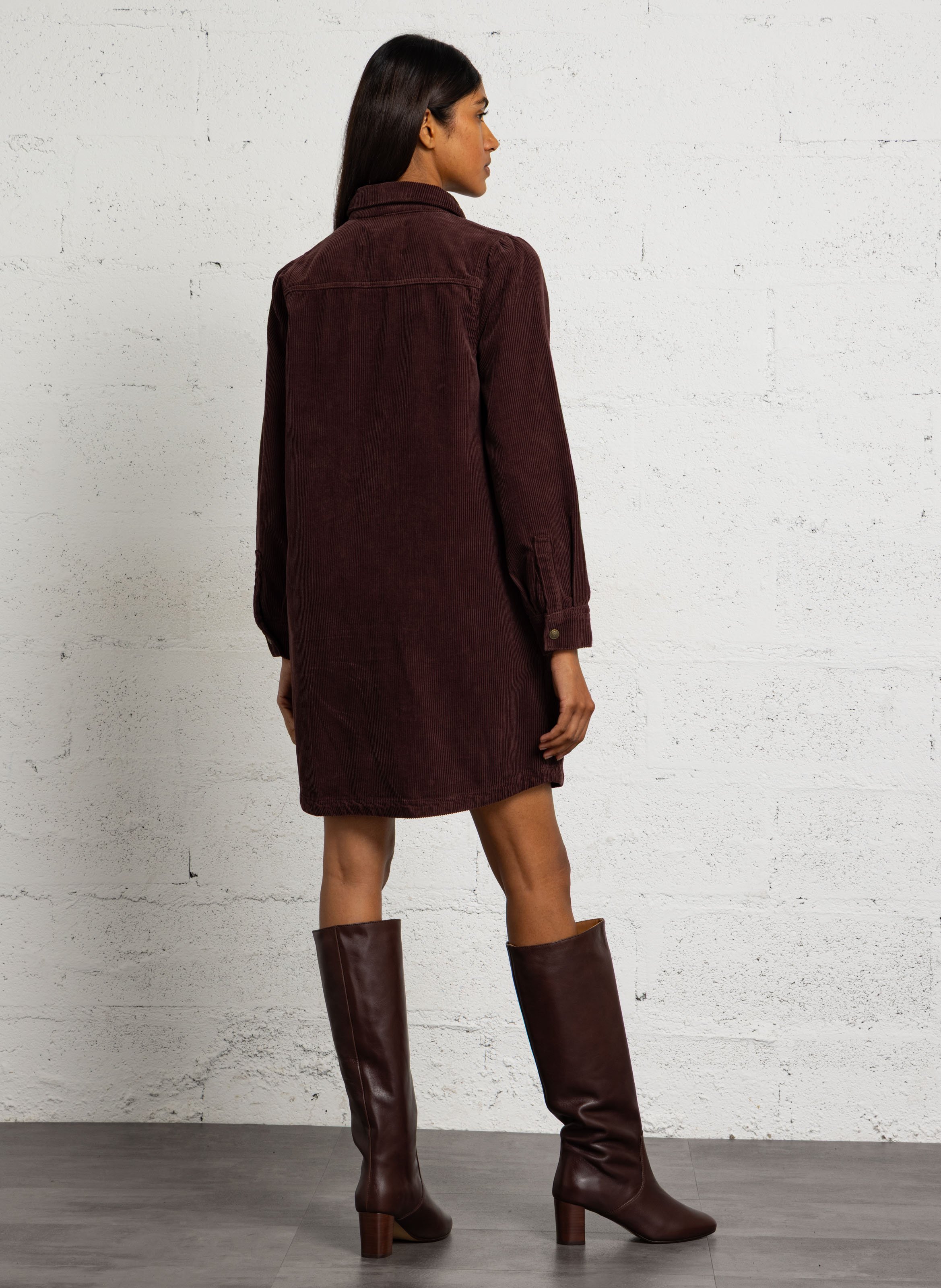 Straight ribbed cotton dress with a classic collar MAISON 123 Purple
