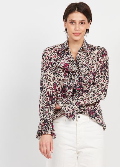 Ruffled Floral Print Cotton Shirt With Classic Collar Ecrymarine Violet ...