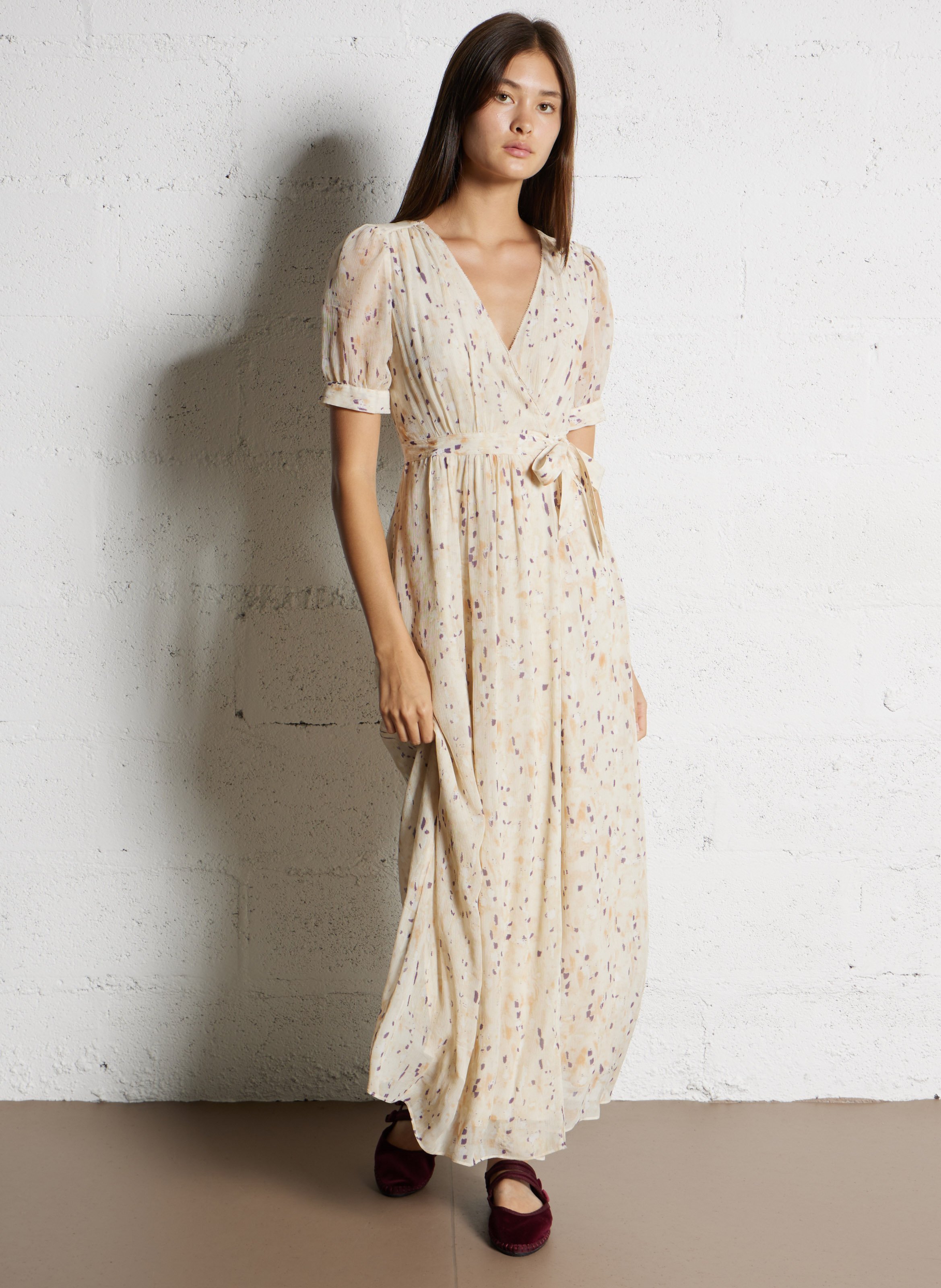 Robe longue col v imprimée  BA&SH Beige