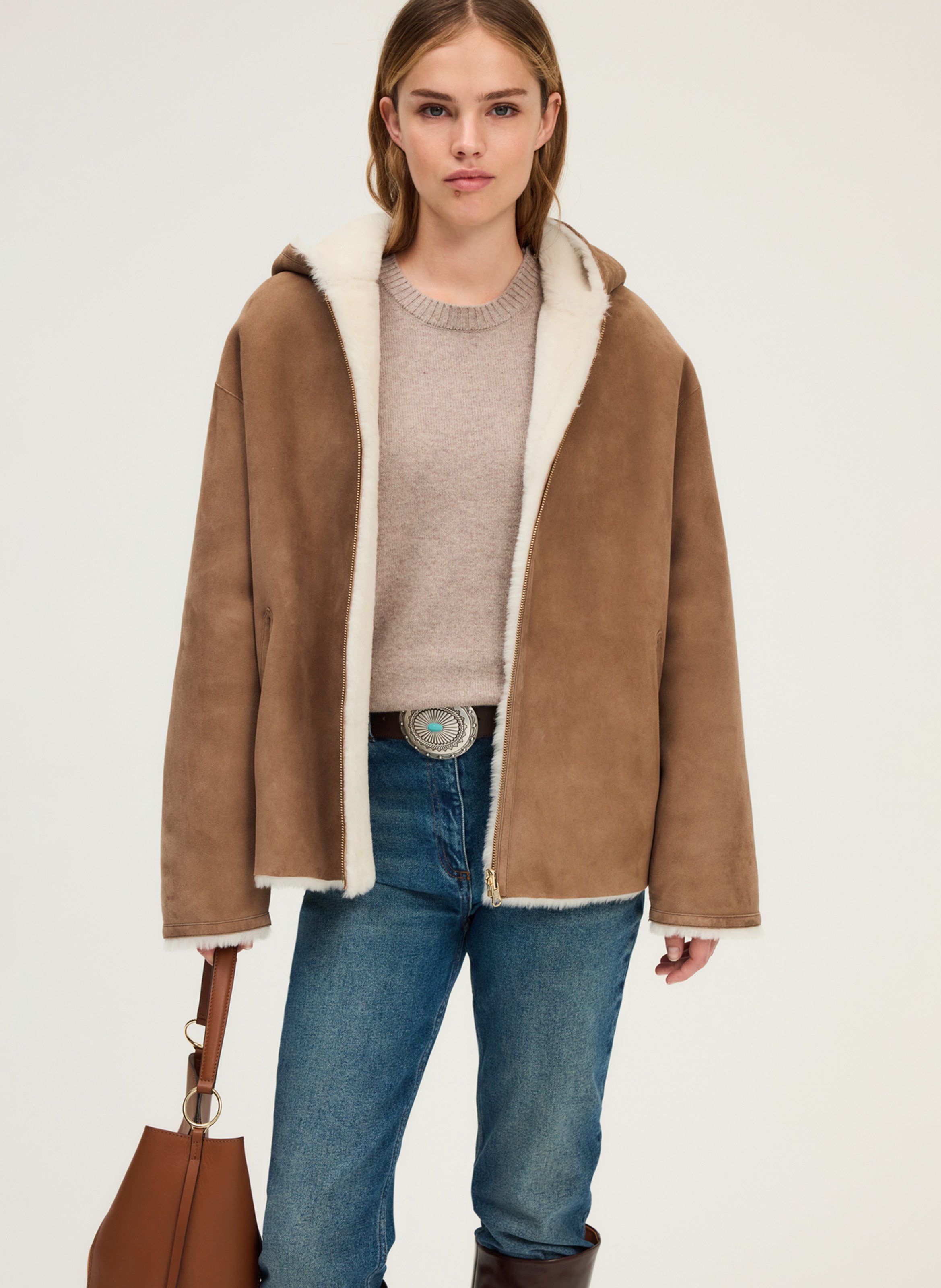 Hooded leather jacket Beige