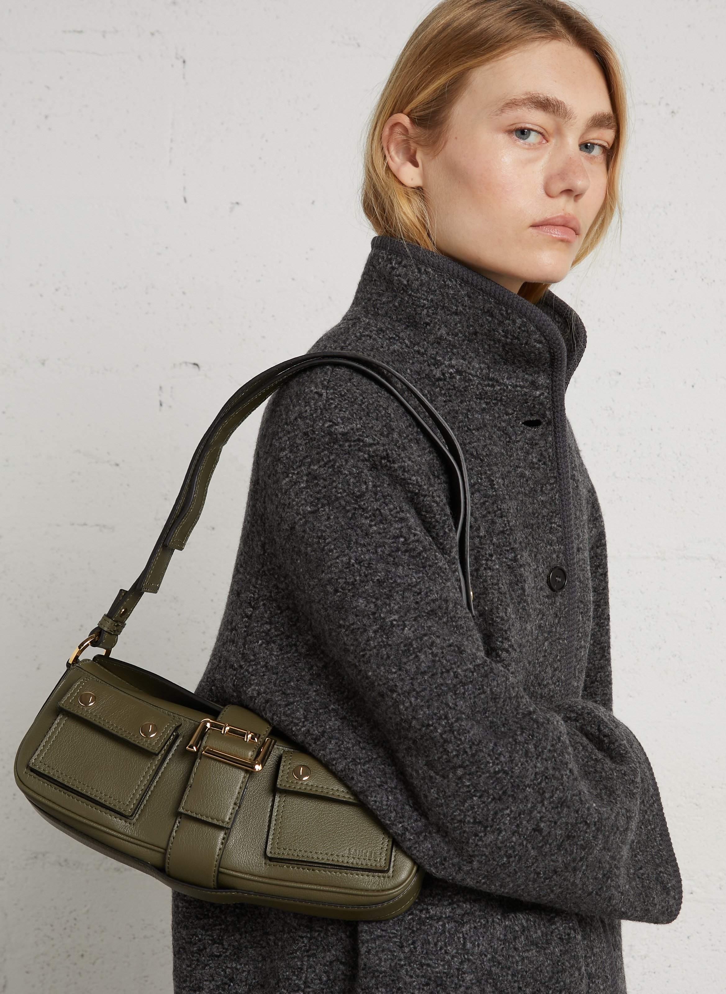 Solid leather shoulder bag LANCEL Khaki
