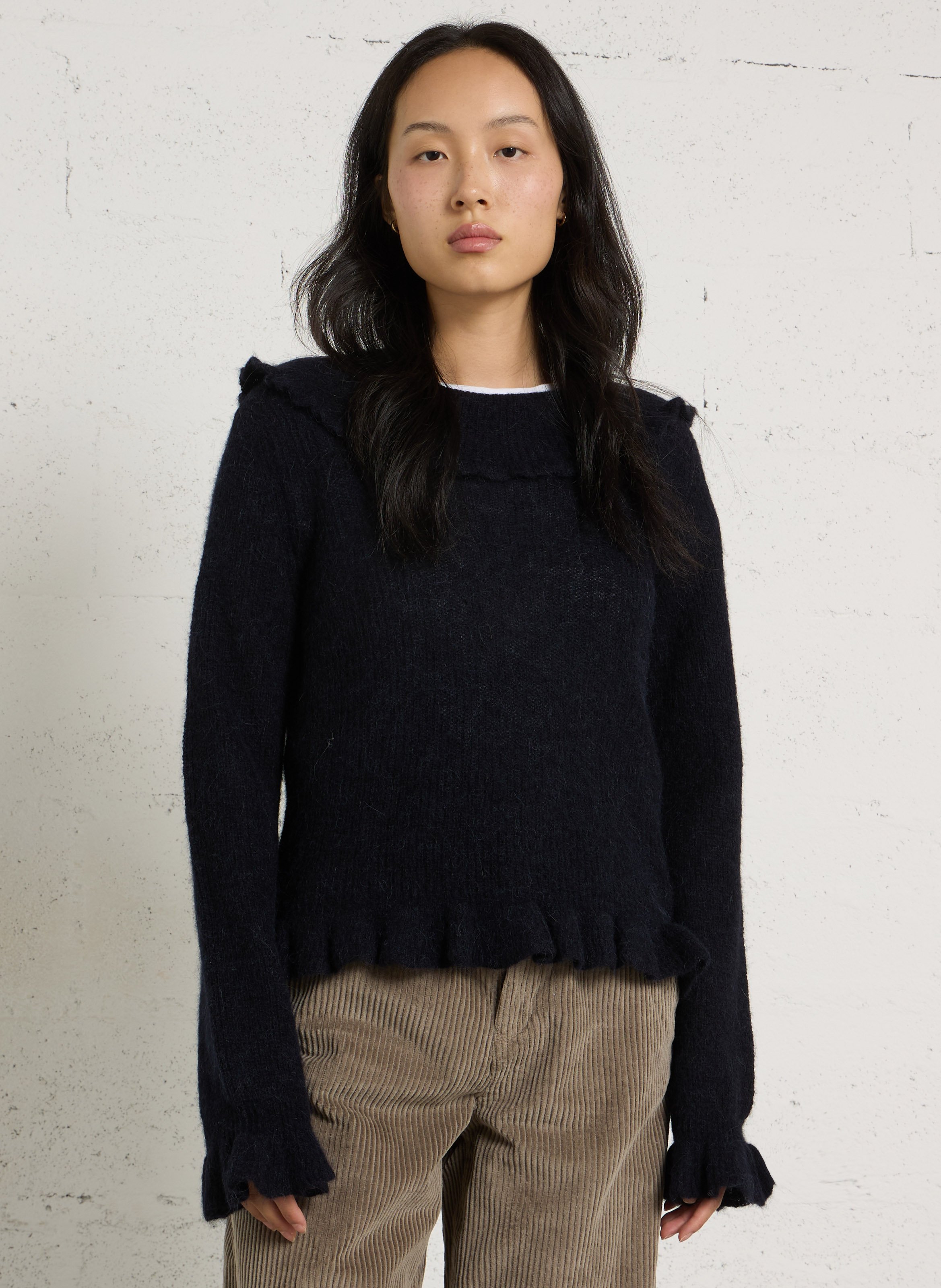 Ruffled collar jumper with a buttoned back in wool and silk DES PETITS HAUTS Blue