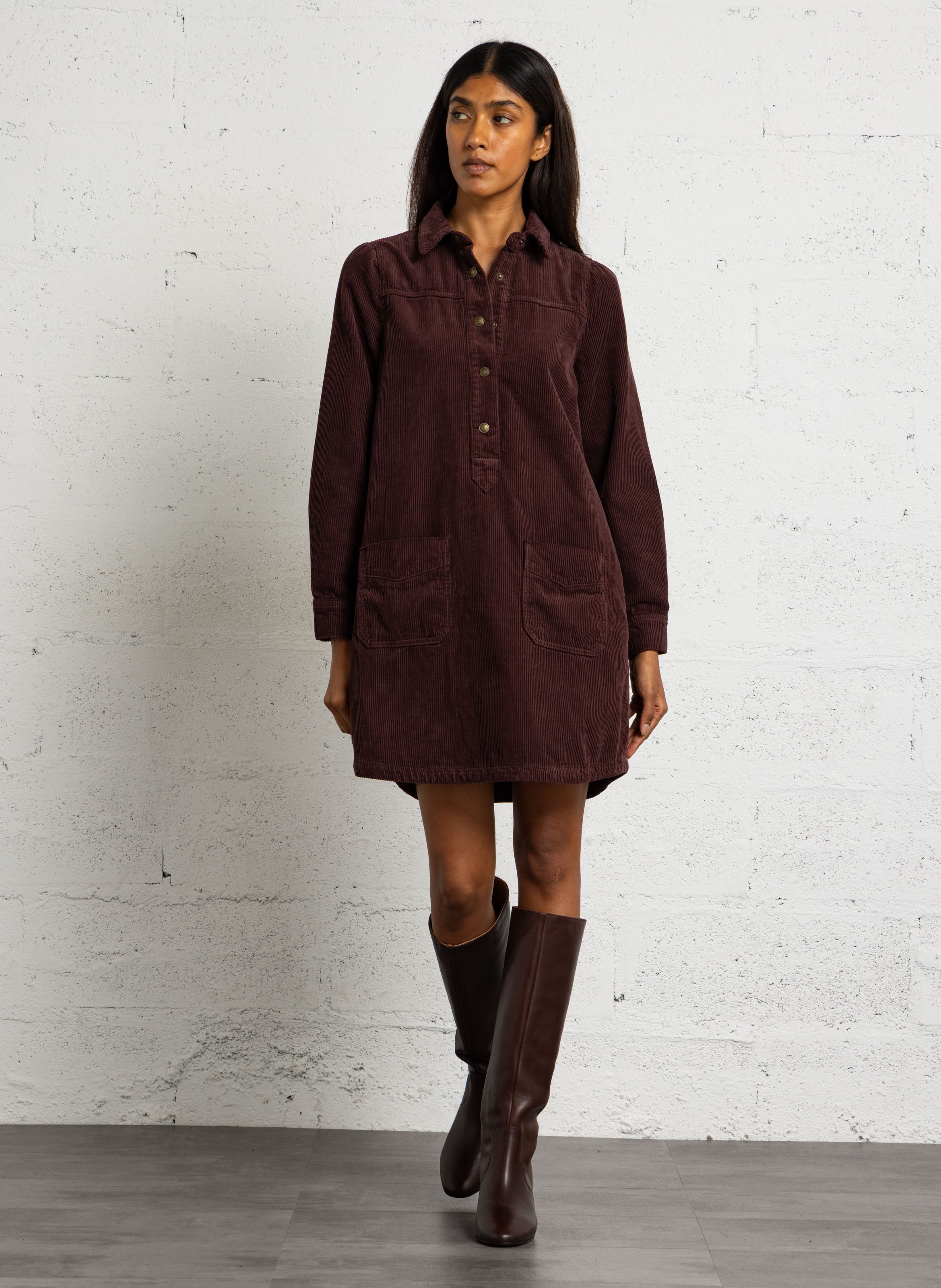 Straight ribbed cotton dress with a classic collar MAISON 123 Purple