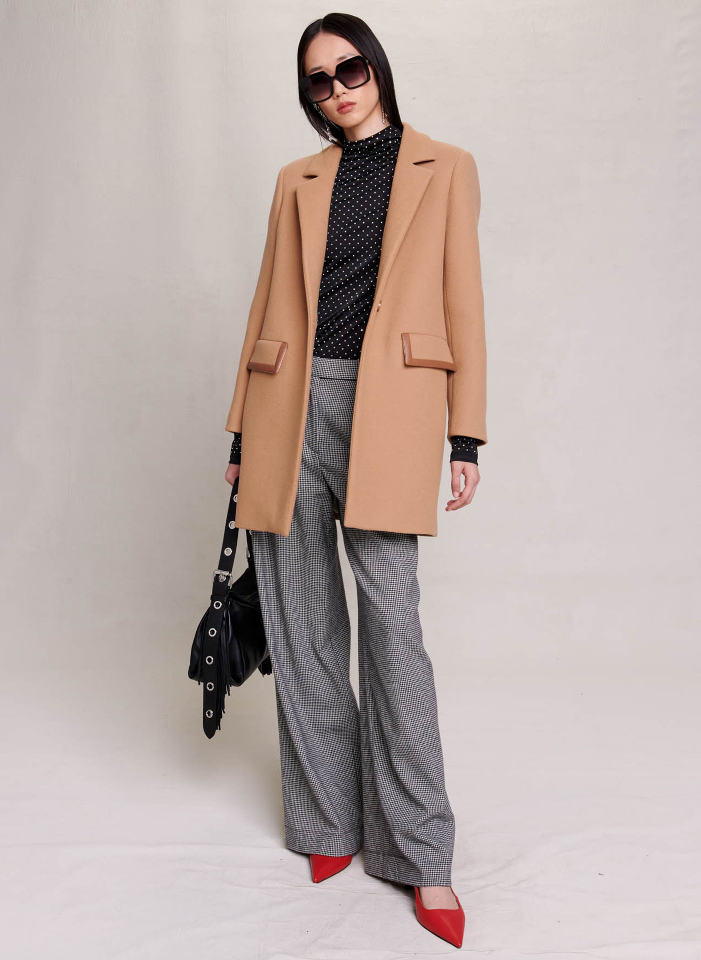 Brown Straight wool blend coat with tailored collar