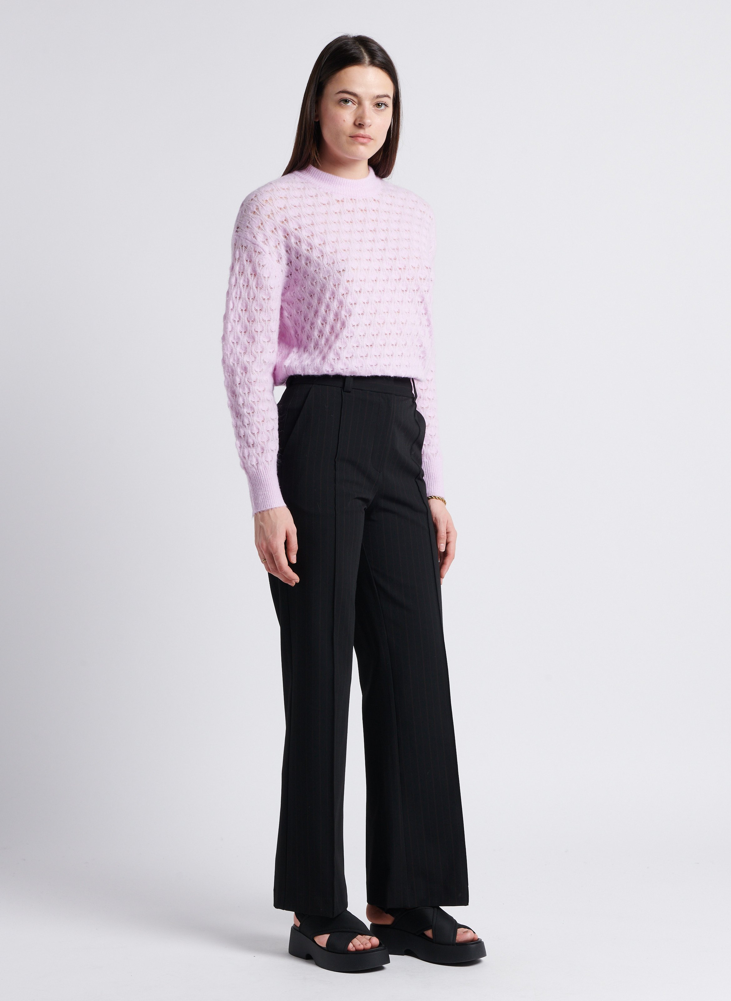 Weiter Pointelle-Strickpullover aus Alpaka-Wollmix Violett