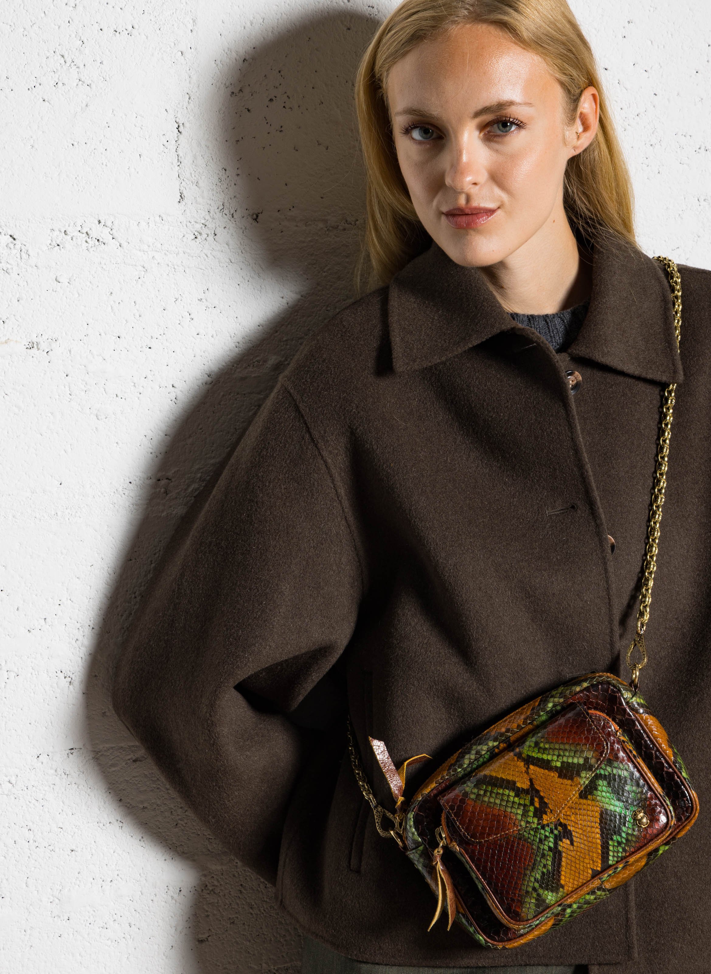 Sac bandoulière en cuir pyton mélangé CLARIS VIROT Marron