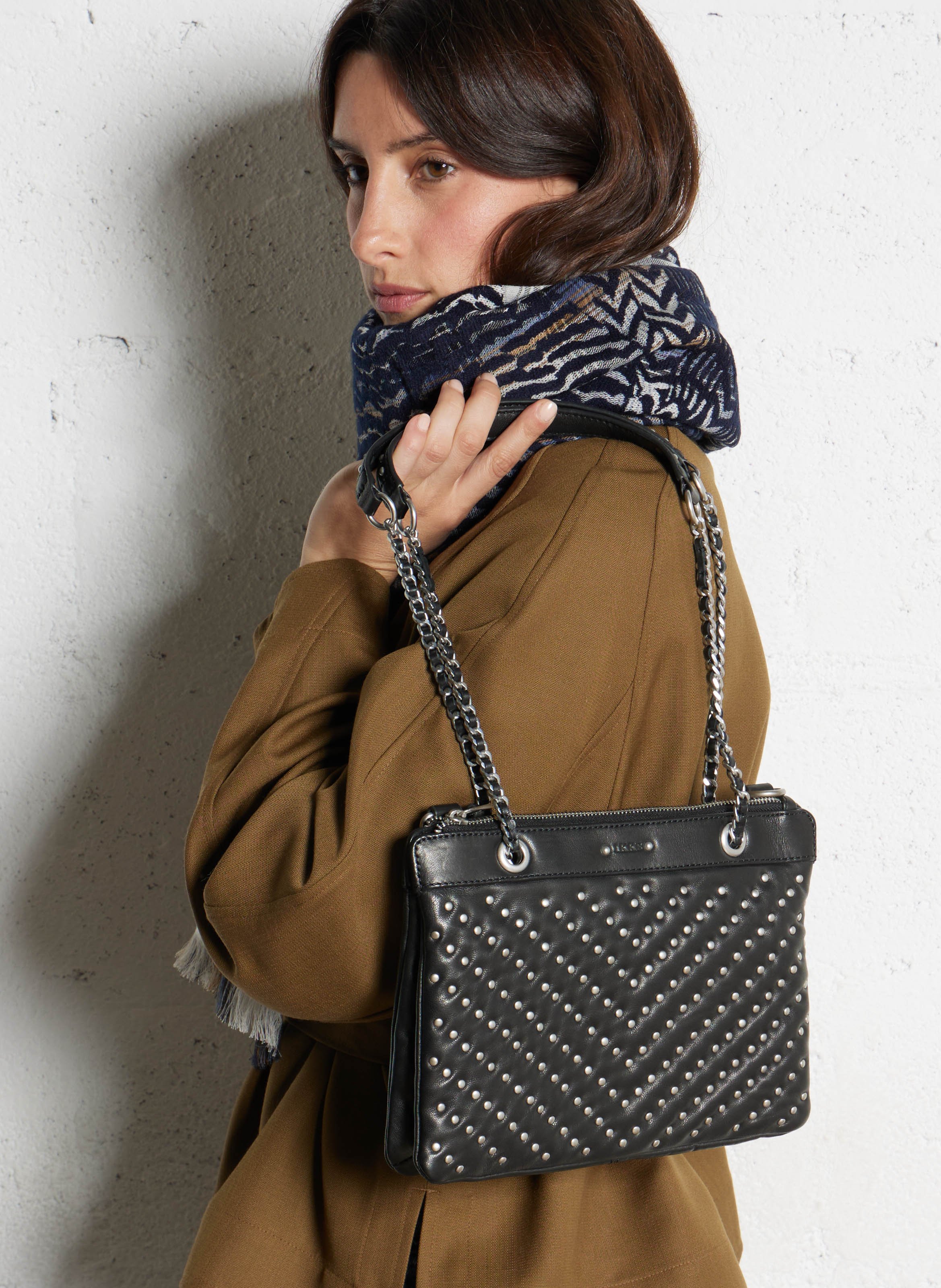 Studded Quilted Leather Clutch Bag IKKS Black