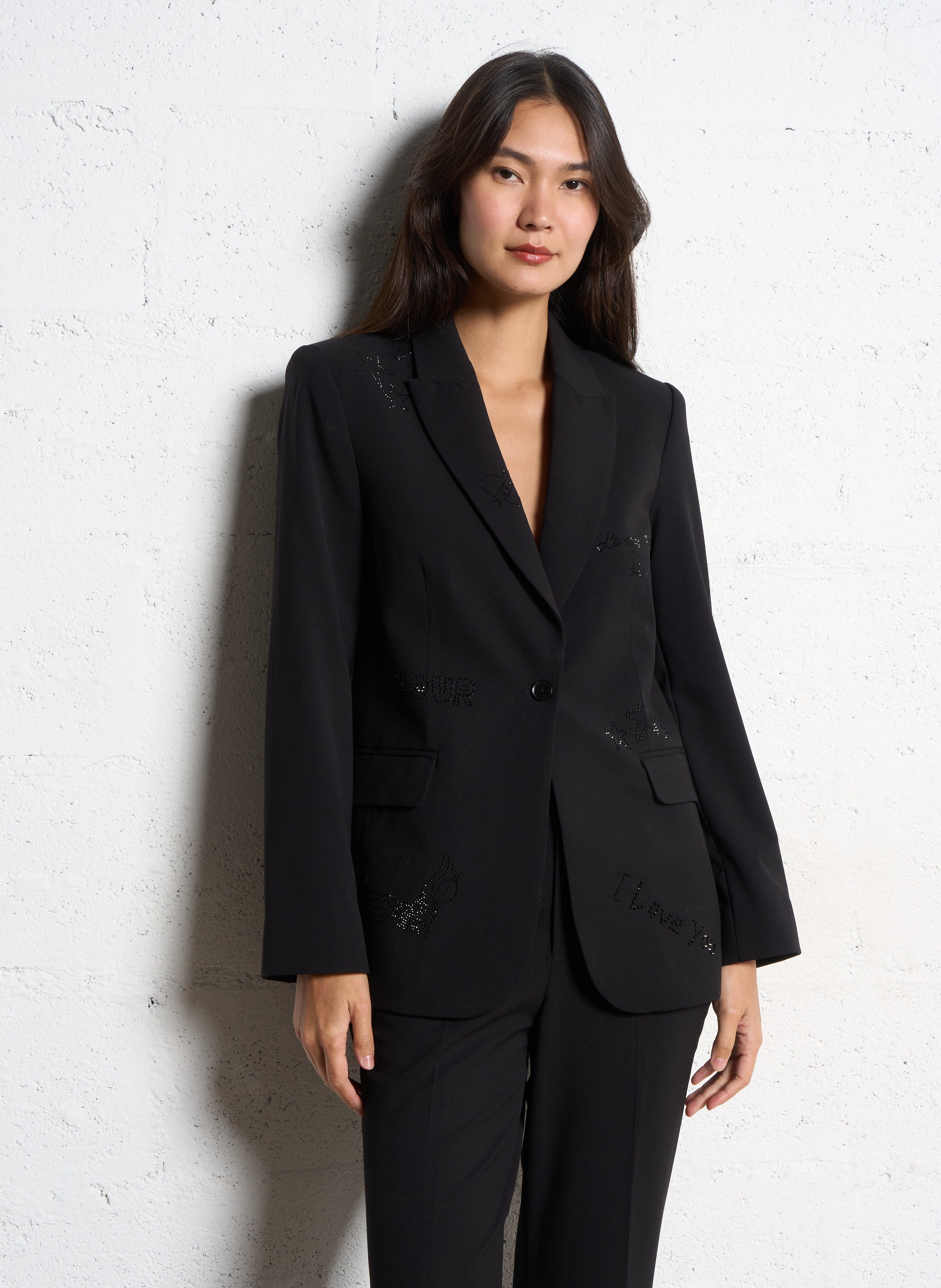 Straight blazer with rhinestone lapel BERENICE Black