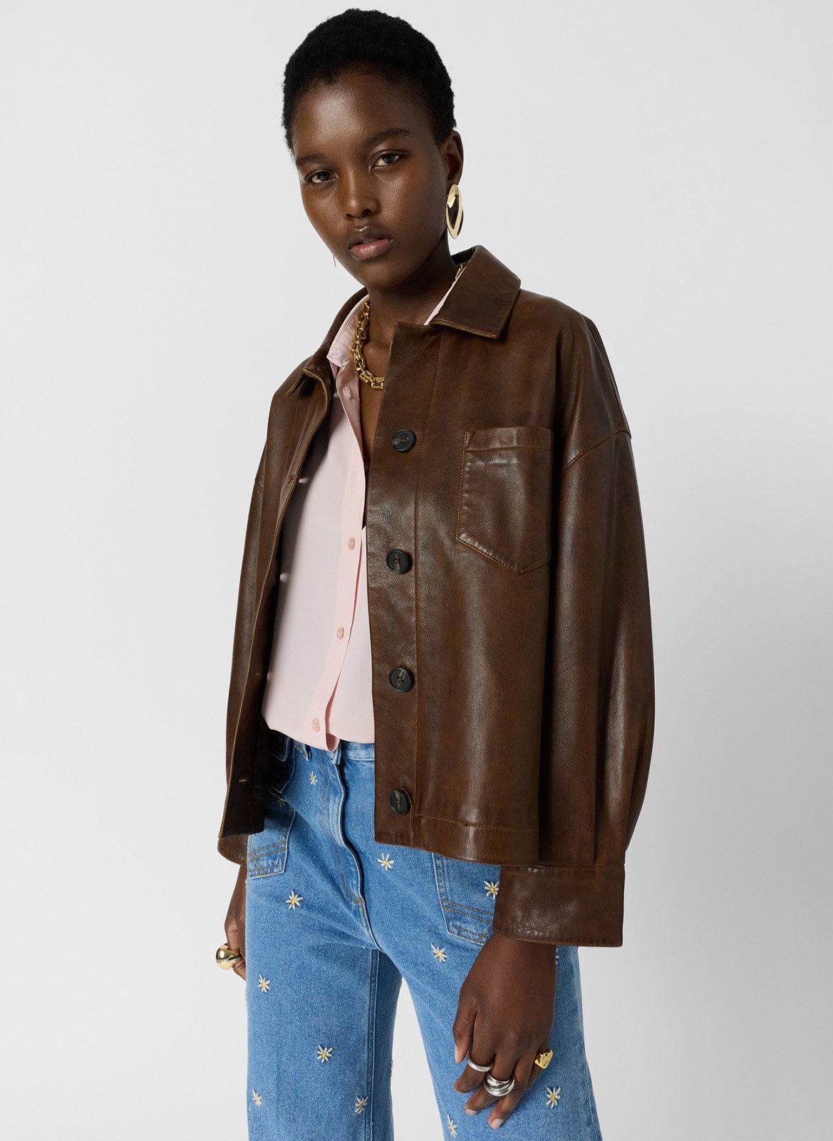 Veste col classique en cuir GERARD DAREL Marron
