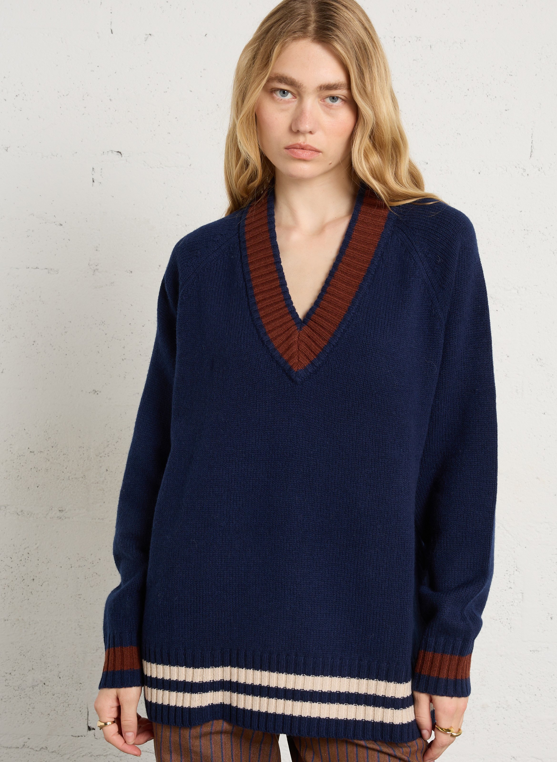 Loose-fit wool V-neck sweater BENSIMON Blue