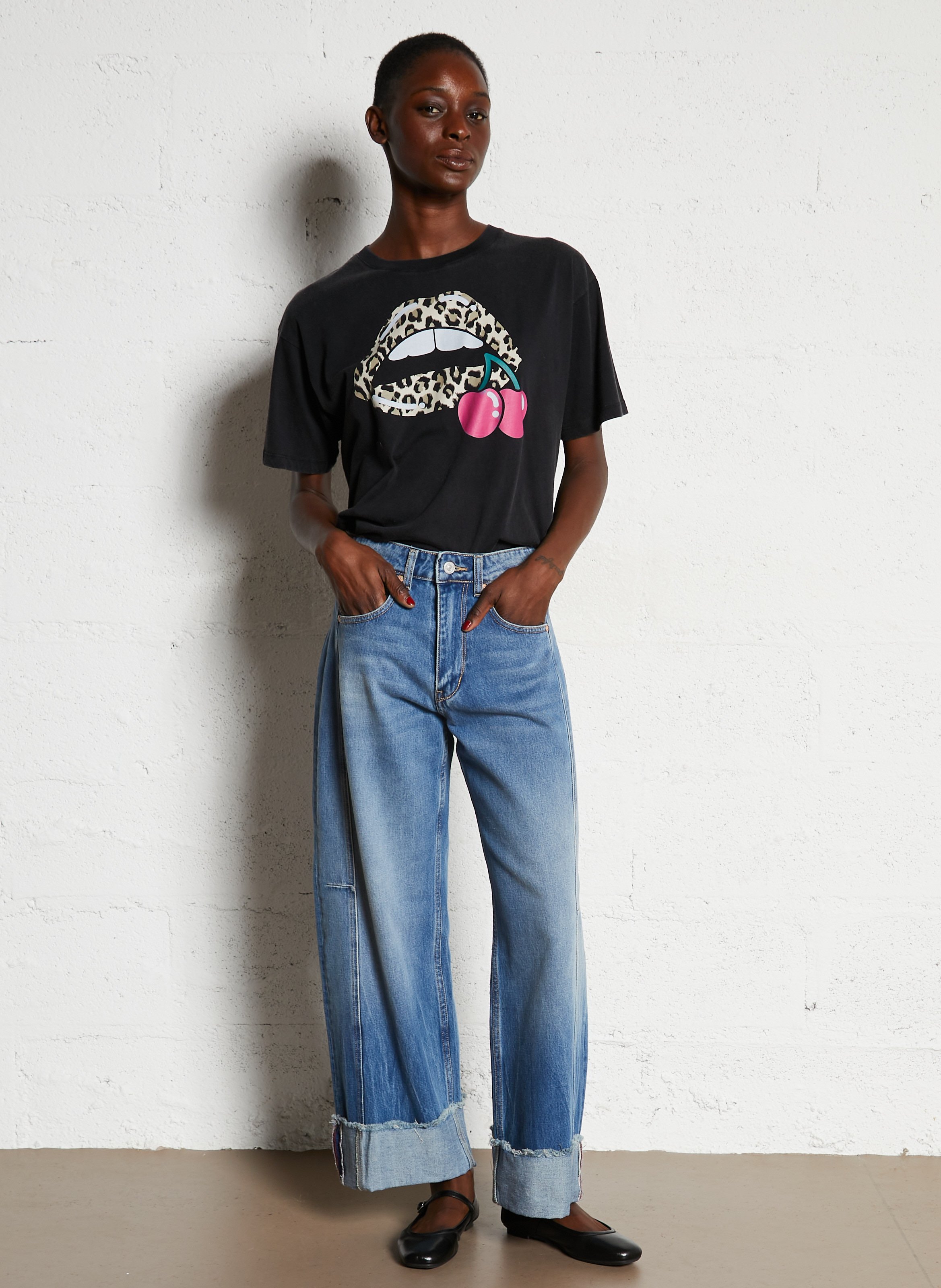 Jean large taille haute à revers  LE TEMPS DES CERISES Bleu