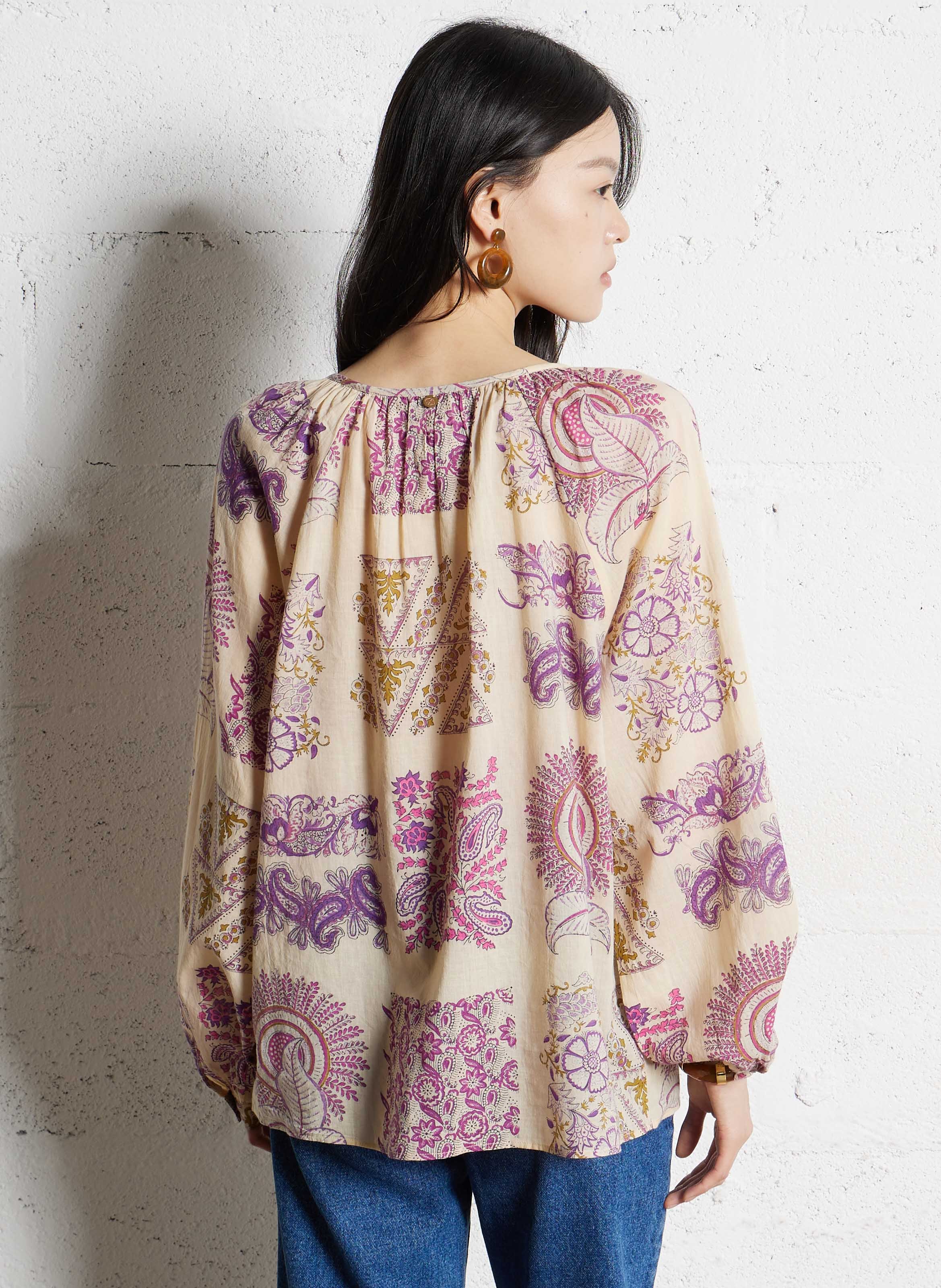 Ruimvallende, katoenen top met print ANTIK BATIK Beige