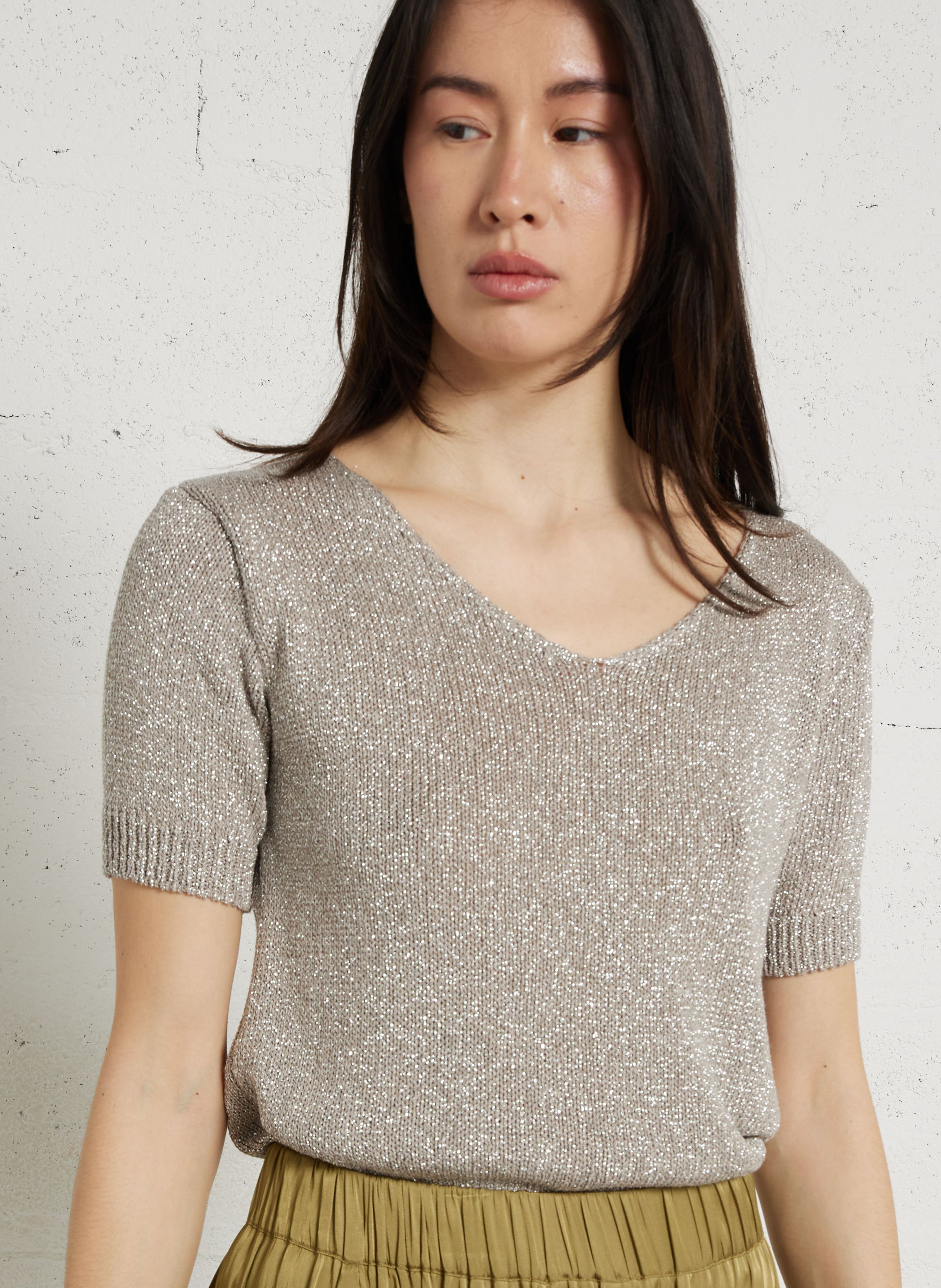 Straight fit round neck metallic top PLEASE Silver