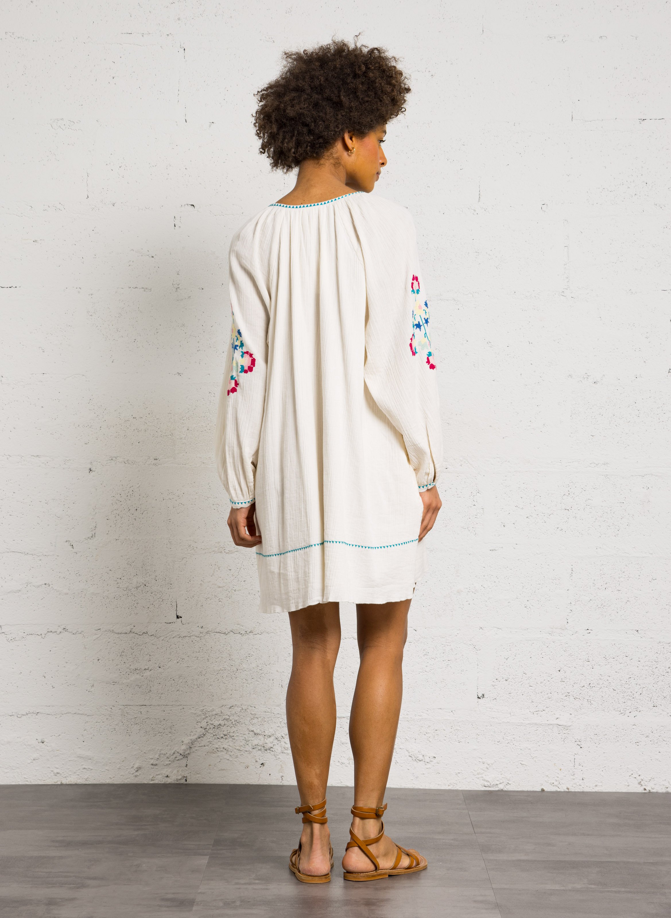 Short dress with Tunisian collar in embroidered organic cotton LOUISE MISHA White