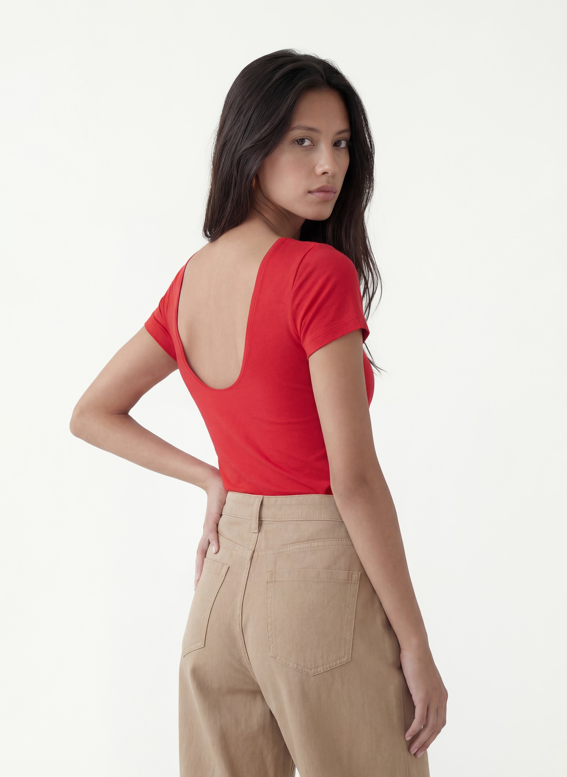 Tee-shirt moulant col bateau en coton mélangé KOOKAI Rouge