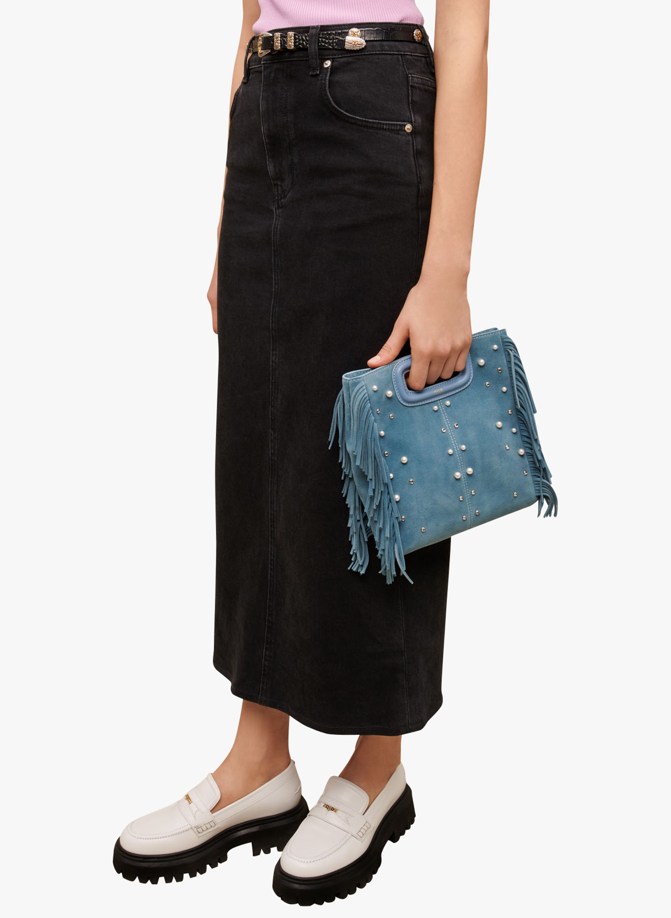 Cotton-blend Denim Pencil Skirt Noir Maje - Women | Place des ...